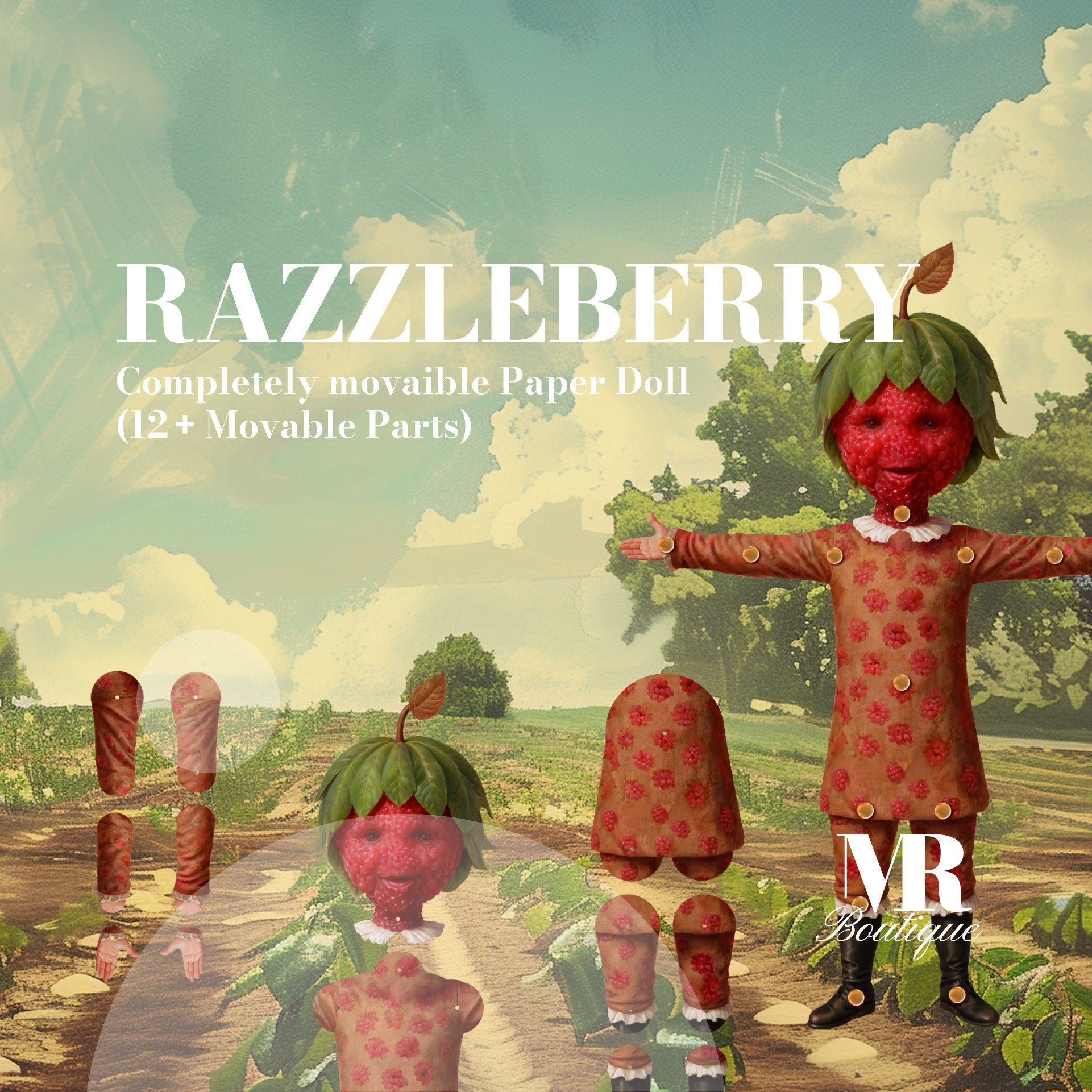 Razzleberry Movable Paper Doll - Raspberry Figure, Handmade Collectible, DIY Project, Unique Gift, Fun Home Decoration