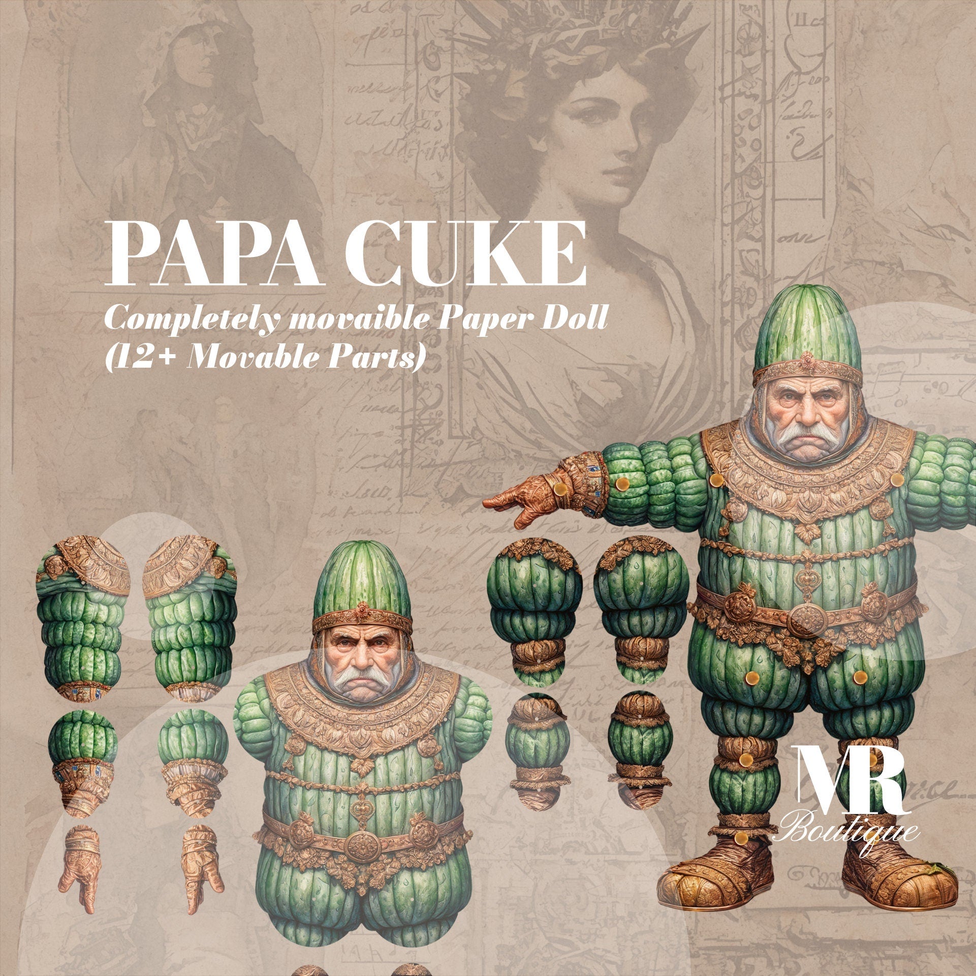 Papa Cuke Movable Paper Doll DIY Gift, Handmade Cucumber Toy, Fun Creative Craft Kit, Unique Collectible Art Toy for All Ages