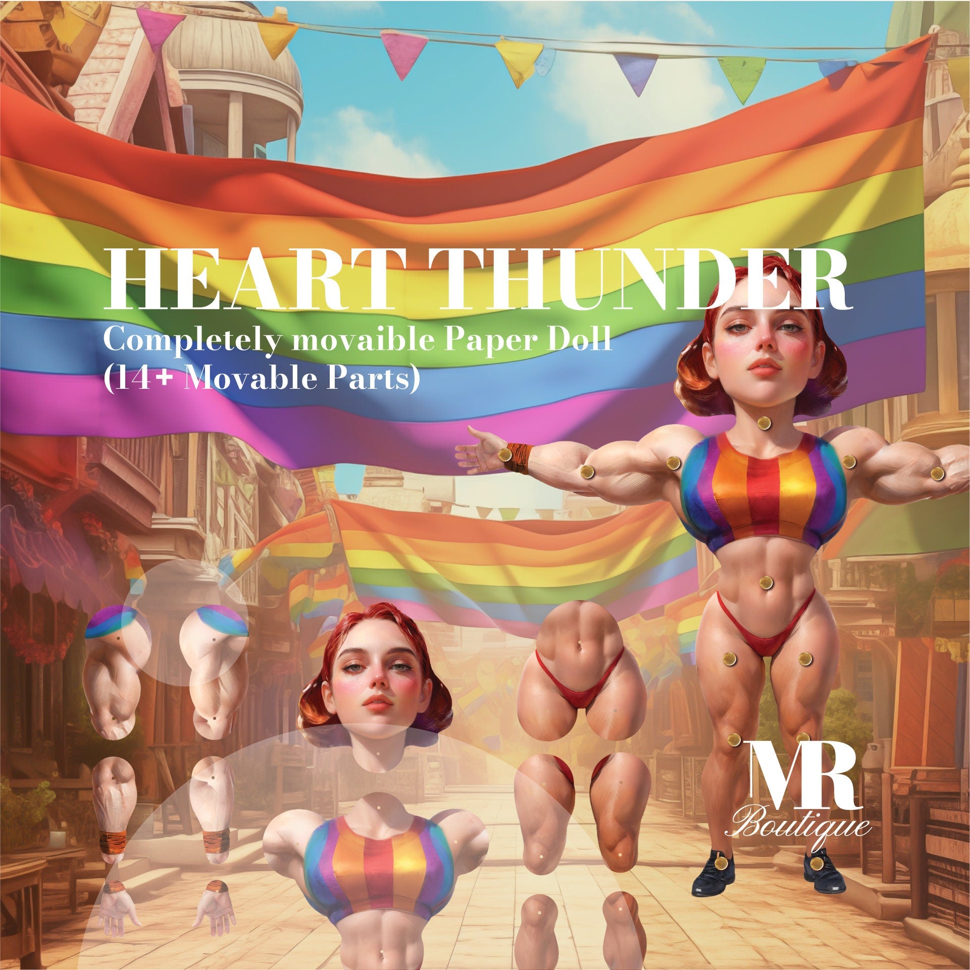 Heart Thunder Movable Paper Doll - DIY Pride Craft Kit, LGBTQ+ Celebration, Handmade Collectible, Unique Articulated Figure, Rainbow Decor