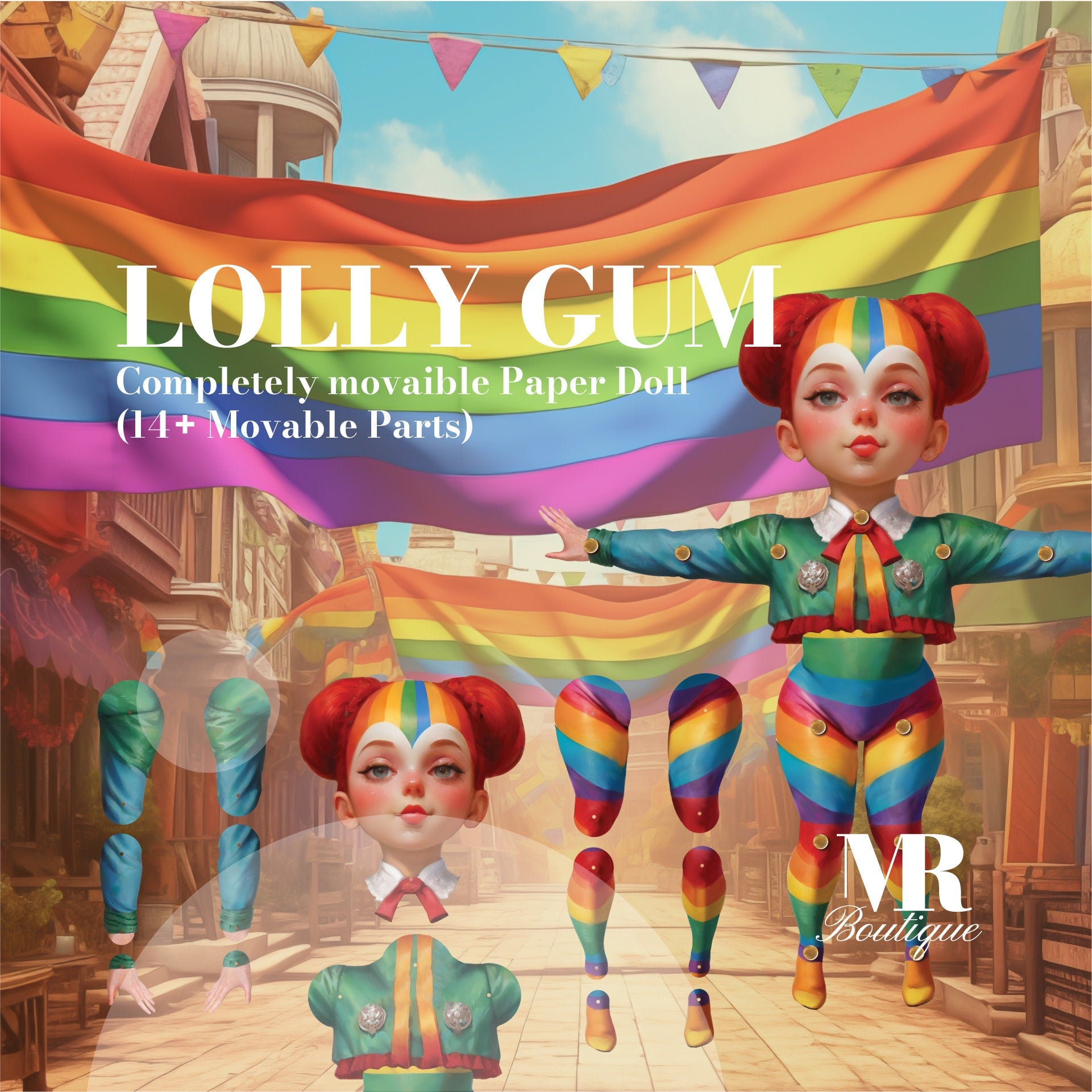 Lolly Gum Movable Paper Doll - DIY Pride Craft Kit, LGBTQ+ Celebration, Handmade Collectible, Unique Articulated Figure, Rainbow Decor