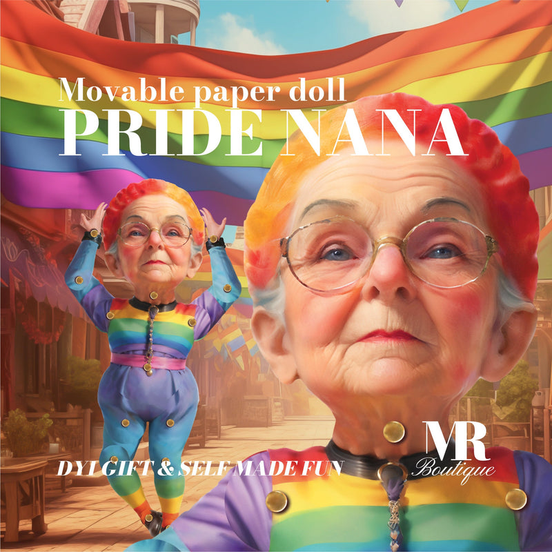 Pride Nana Movable Paper Doll - DIY Pride Craft Kit, LGBTQ+ Celebration, Handmade Collectible, Unique Articulated Figure, Rainbow Decor