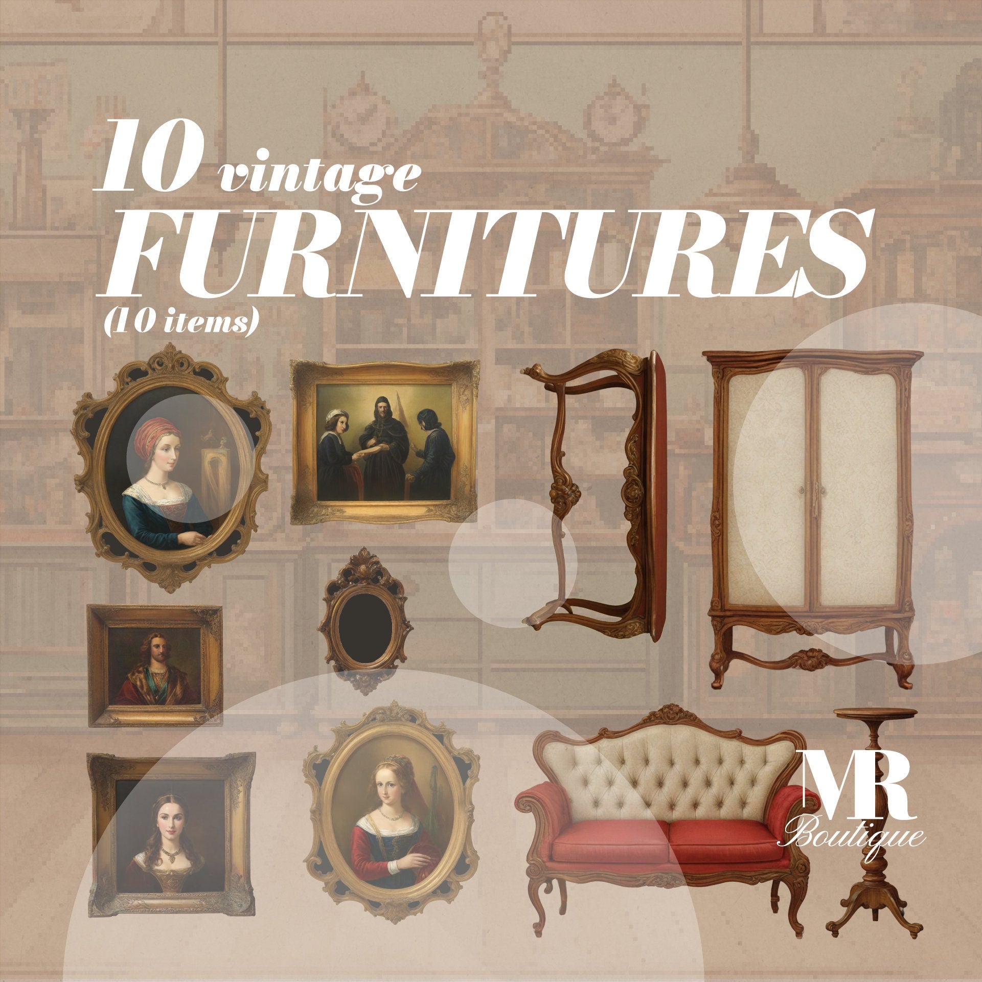 10 Vintage Furnitures DIY Printable Set, Antique Furniture, Miniature Dollhouse Decor, Craft Project, Vintage Art