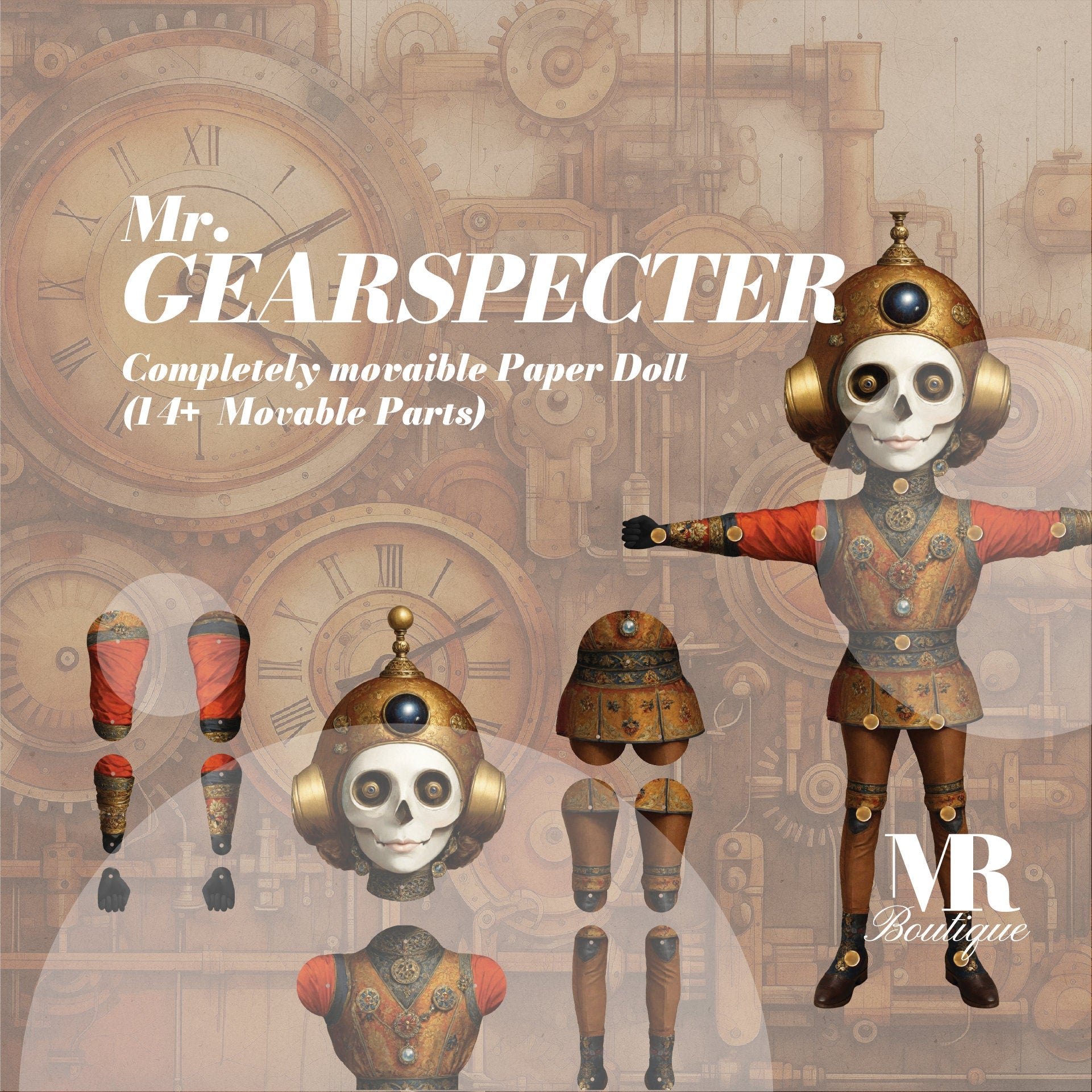 Mr. Gearspecter Steampunk Movable Paper Doll - Handmade DIY Art Toy, Perfect Unique Gift for Collectors and Vintage Enthusiasts