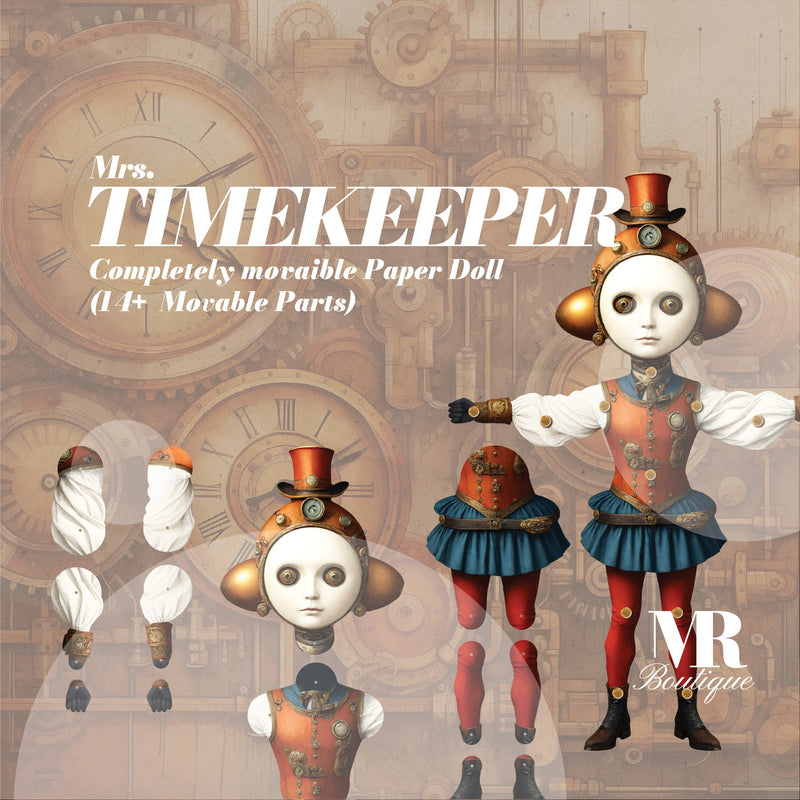 Mrs. Timekeeper Steampunk Movable Paper Doll - Handmade DIY Art Toy, Perfect Unique Gift for Collectors and Vintage Enthusiasts