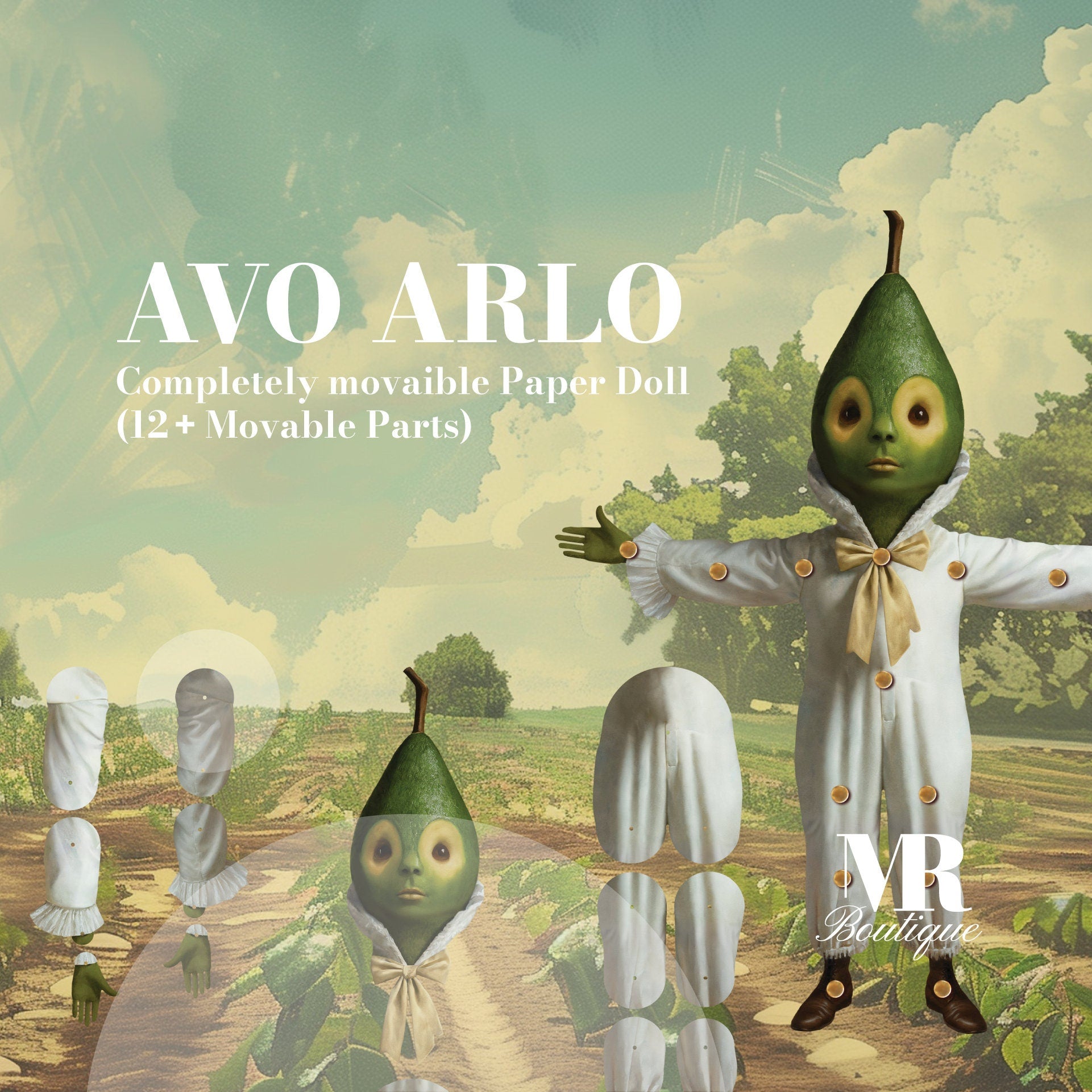 Avo Arlo Movable Paper Doll - Avocado Figure, Handmade Collectible, DIY Project, Unique Gift, Fun Home Decoration