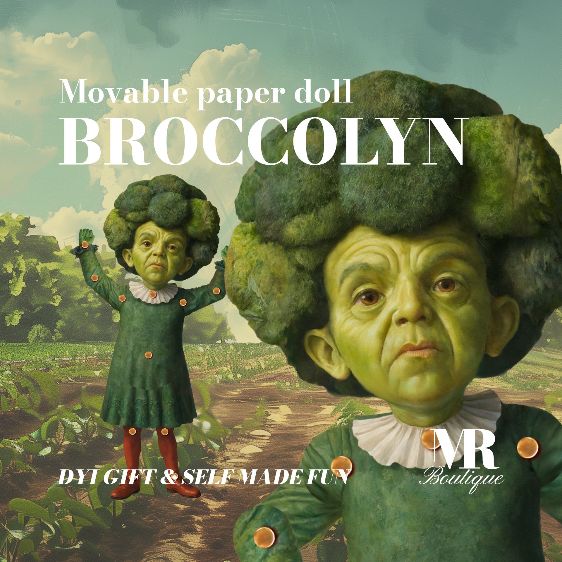 Broccolyn Movable Paper Doll - Handmade Broccoli Character, DIY Craft Kit, Unique Home Decor, Fun Gift Idea, Collectible Art Doll