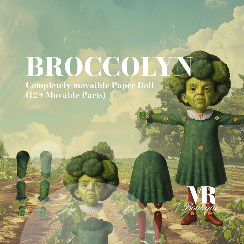 Broccolyn Movable Paper Doll - Handmade Broccoli Character, DIY Craft Kit, Unique Home Decor, Fun Gift Idea, Collectible Art Doll