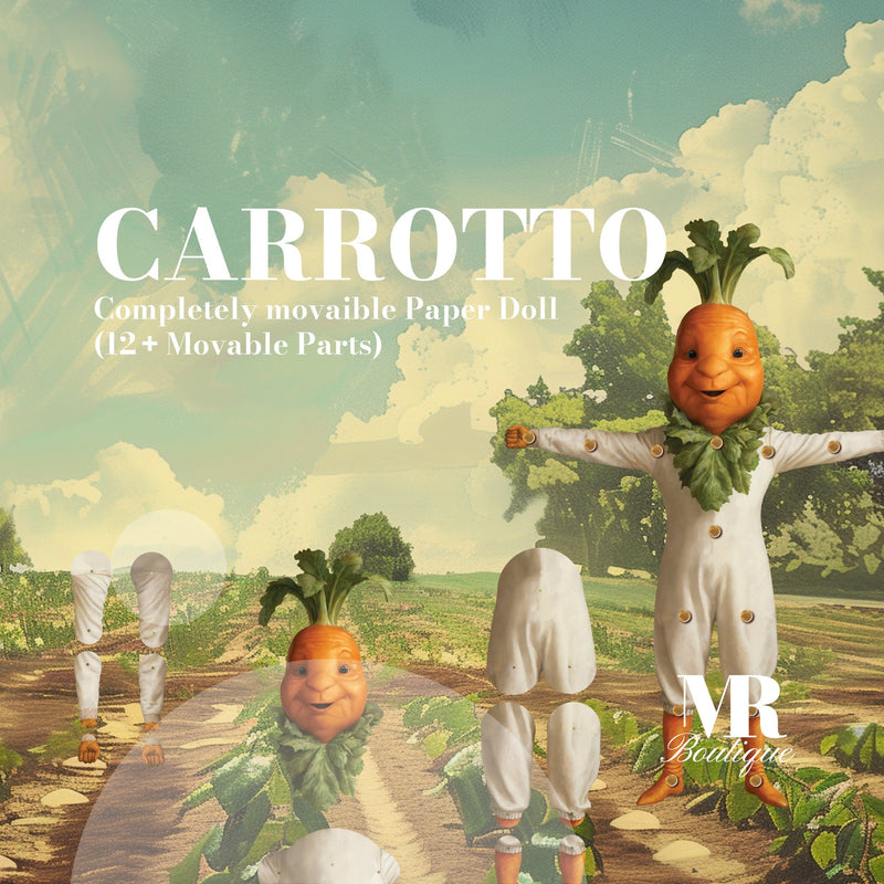 Carrotto Movable Paper Doll - DIY Craft Kit, Fun Home Decor, Unique Handmade Gift, Collectible Carrot Character, Articulated Figure