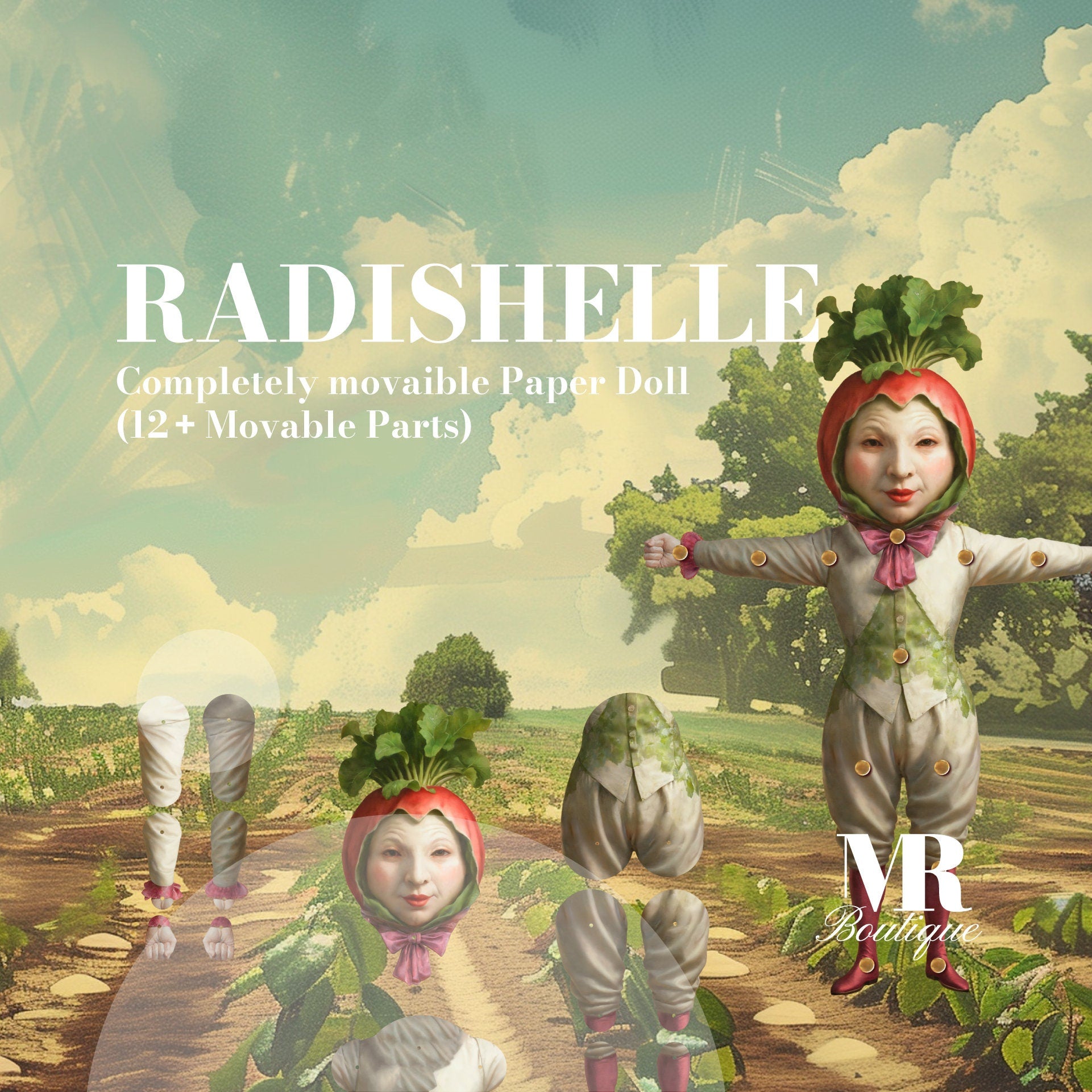 Radishelle Movable Paper Doll - DIY Craft Kit, Fun Home Decor, Unique Handmade Gift, Collectible Radish Character, Articulated Figure