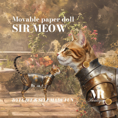 Sir Meow Movable Armored Cat Paper Doll, Double-Sided DIY Kit, Unique Art Gift, Articulated Figure