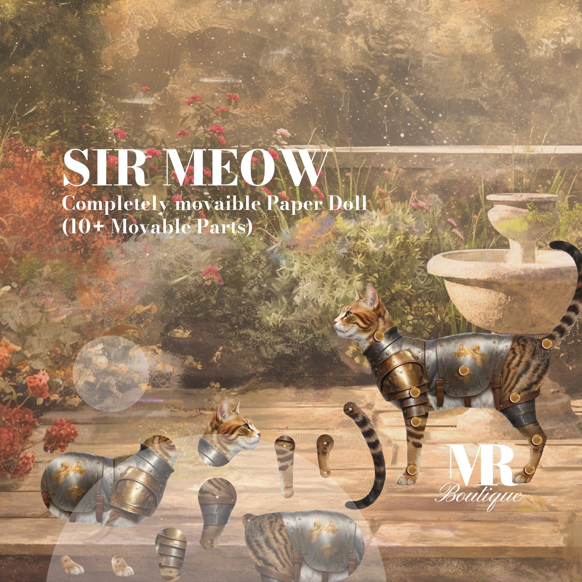 Sir Meow Movable Armored Cat Paper Doll, Double-Sided DIY Kit, Unique Art Gift, Articulated Figure