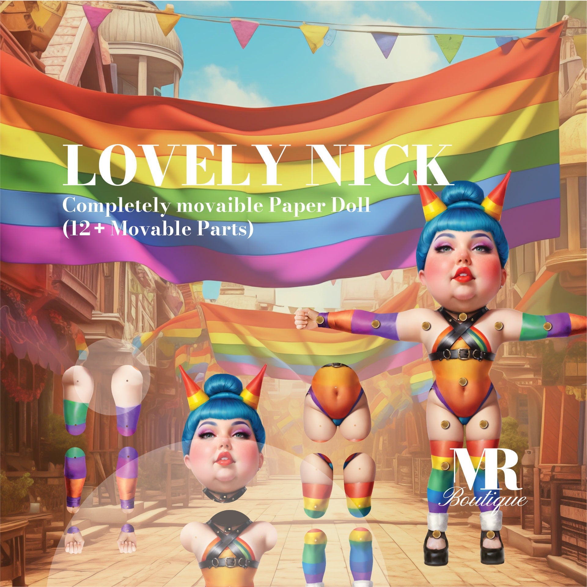 Lovely Nick Movable Paper Doll - DIY Pride Craft Kit, LGBTQ+ Celebration, Handmade Collectible, Unique Articulated Figure, Rainbow Decor