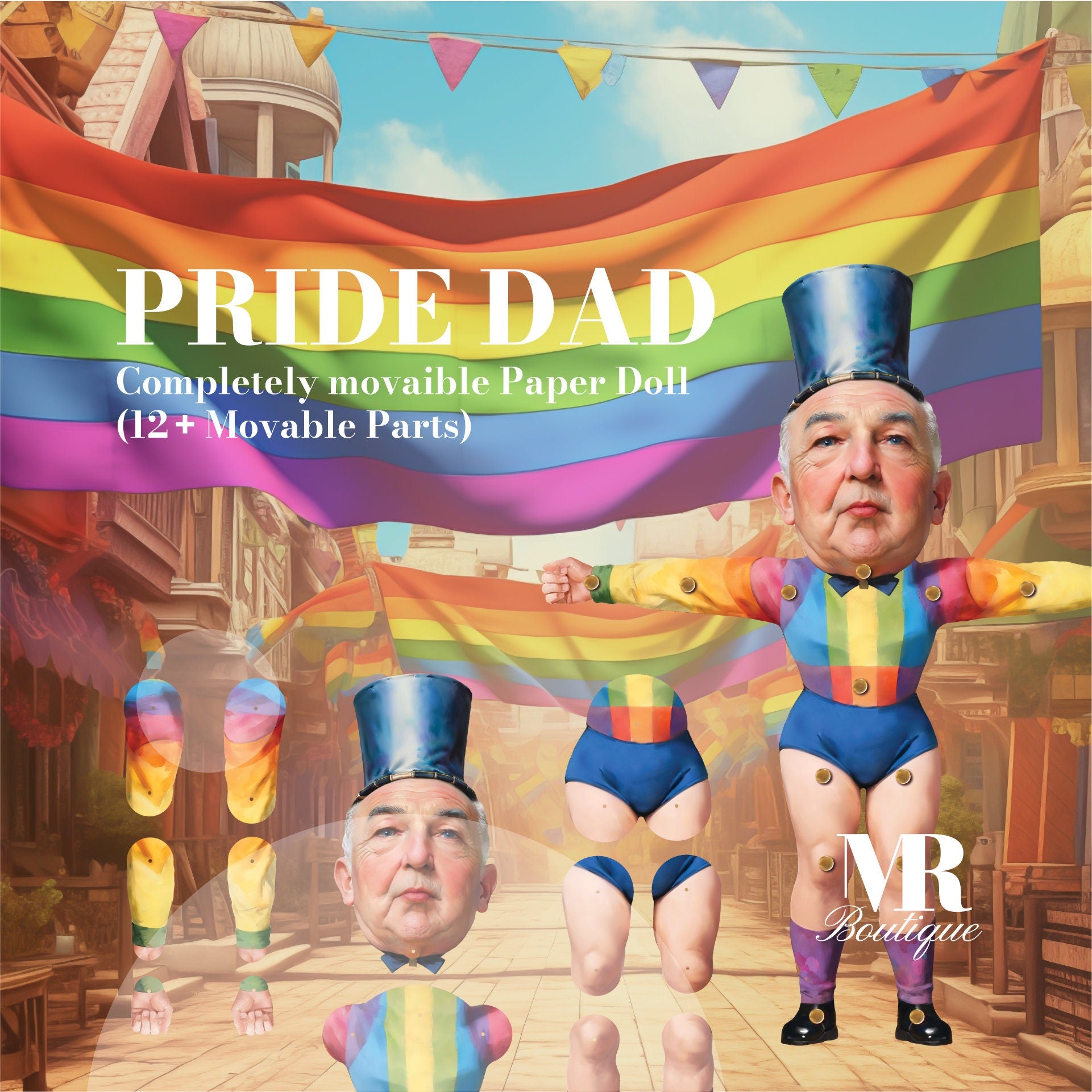 Pride Dad Movable Paper Doll - DIY Pride Craft Kit, LGBTQ+ Celebration, Handmade Collectible, Unique Articulated Figure, Rainbow Decor