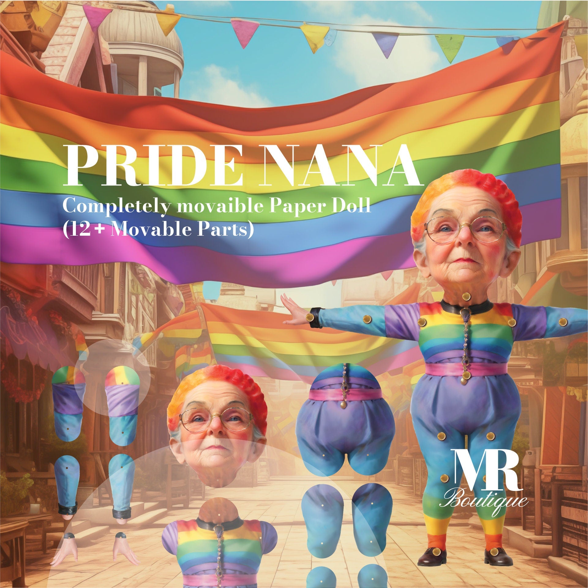 Pride Nana Movable Paper Doll - DIY Pride Craft Kit, LGBTQ+ Celebration, Handmade Collectible, Unique Articulated Figure, Rainbow Decor