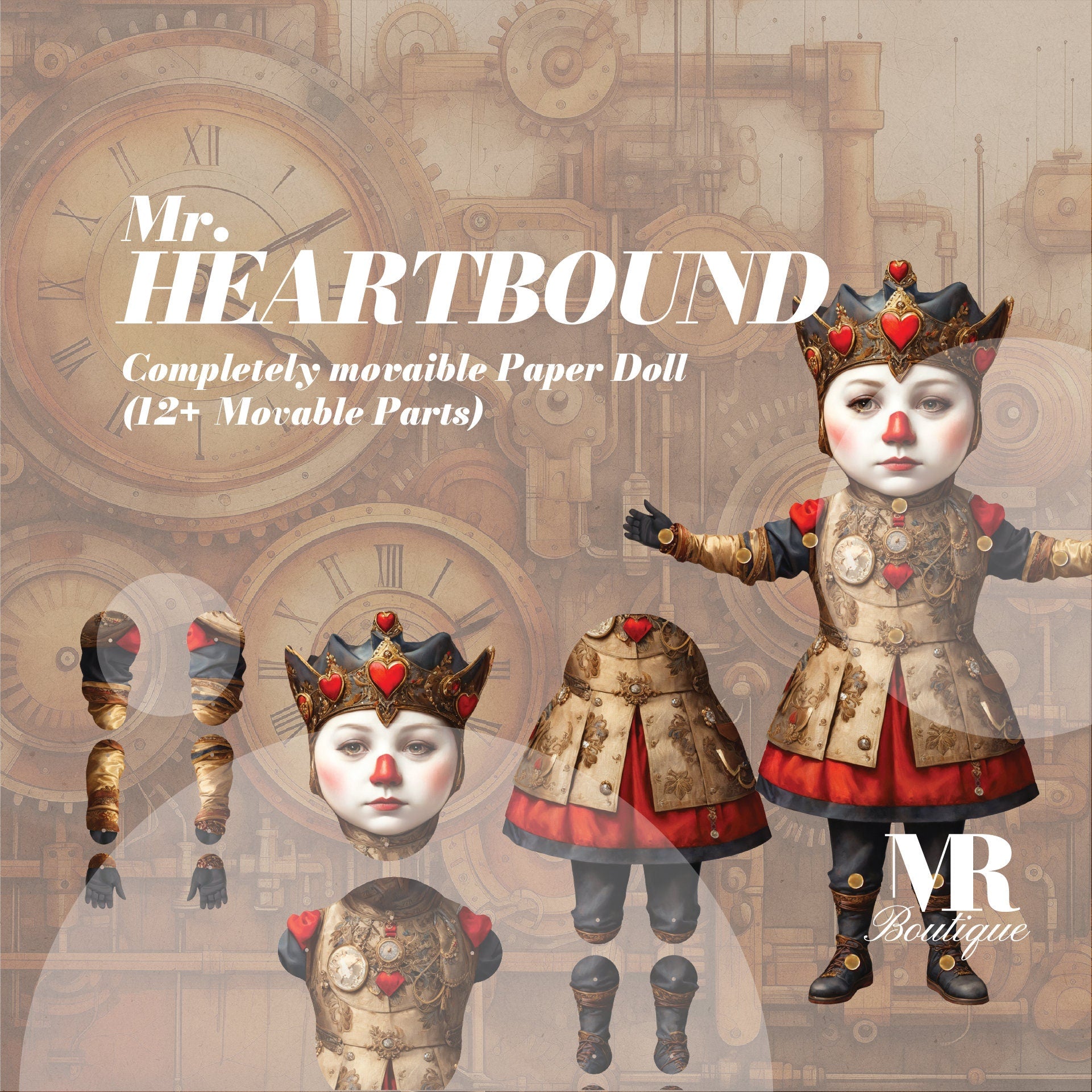 Mr. Heartbound Steampunk Movable Paper Doll - Handmade DIY Art Toy, Perfect Unique Gift for Collectors and Vintage Enthusiasts