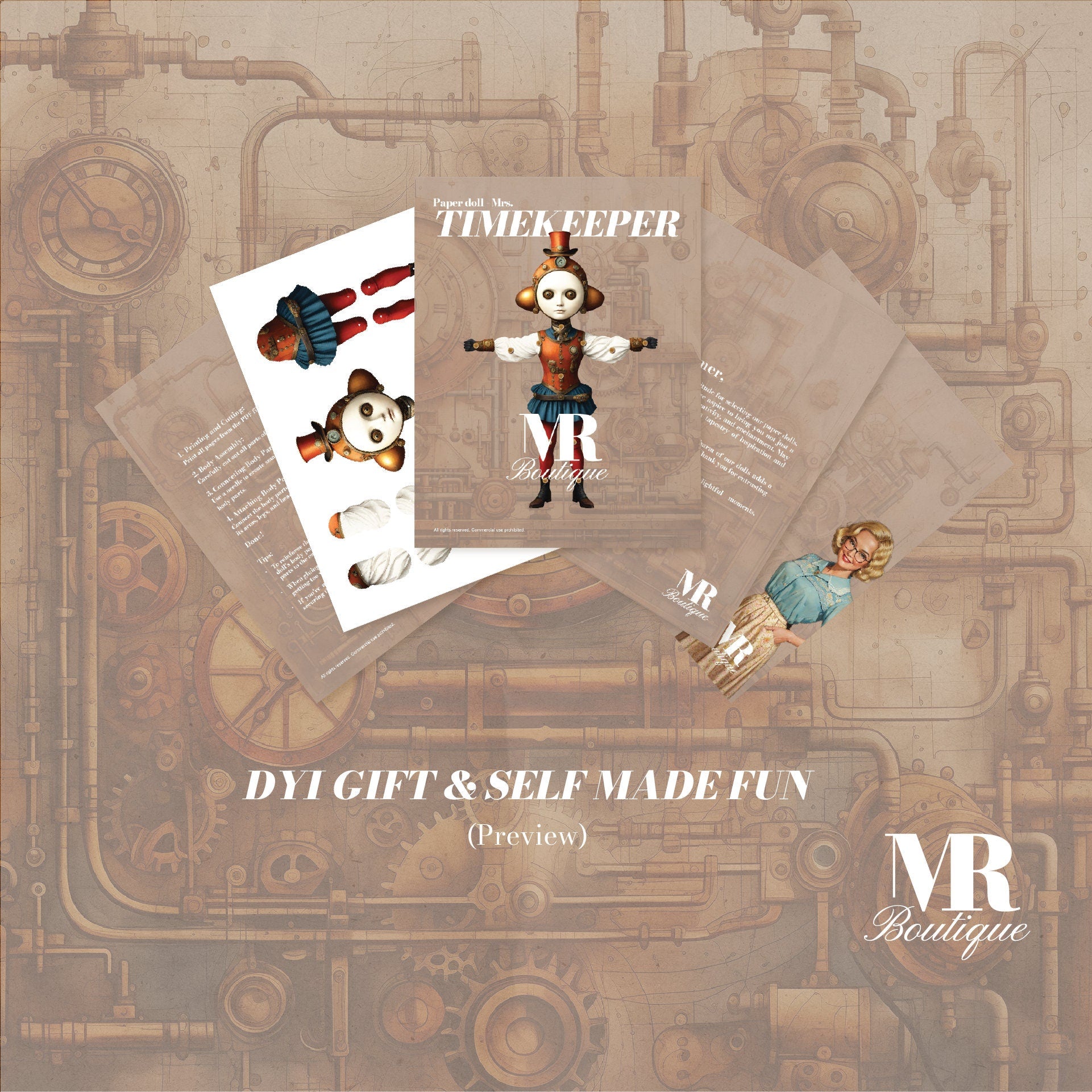 Mrs. Timekeeper Steampunk Movable Paper Doll - Handmade DIY Art Toy, Perfect Unique Gift for Collectors and Vintage Enthusiasts