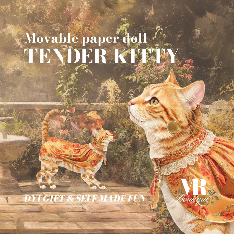 Tender Kitty Movable Fancy Cat Paper Doll, Double-Sided DIY Kit, Unique Art Gift, Articulated Figure