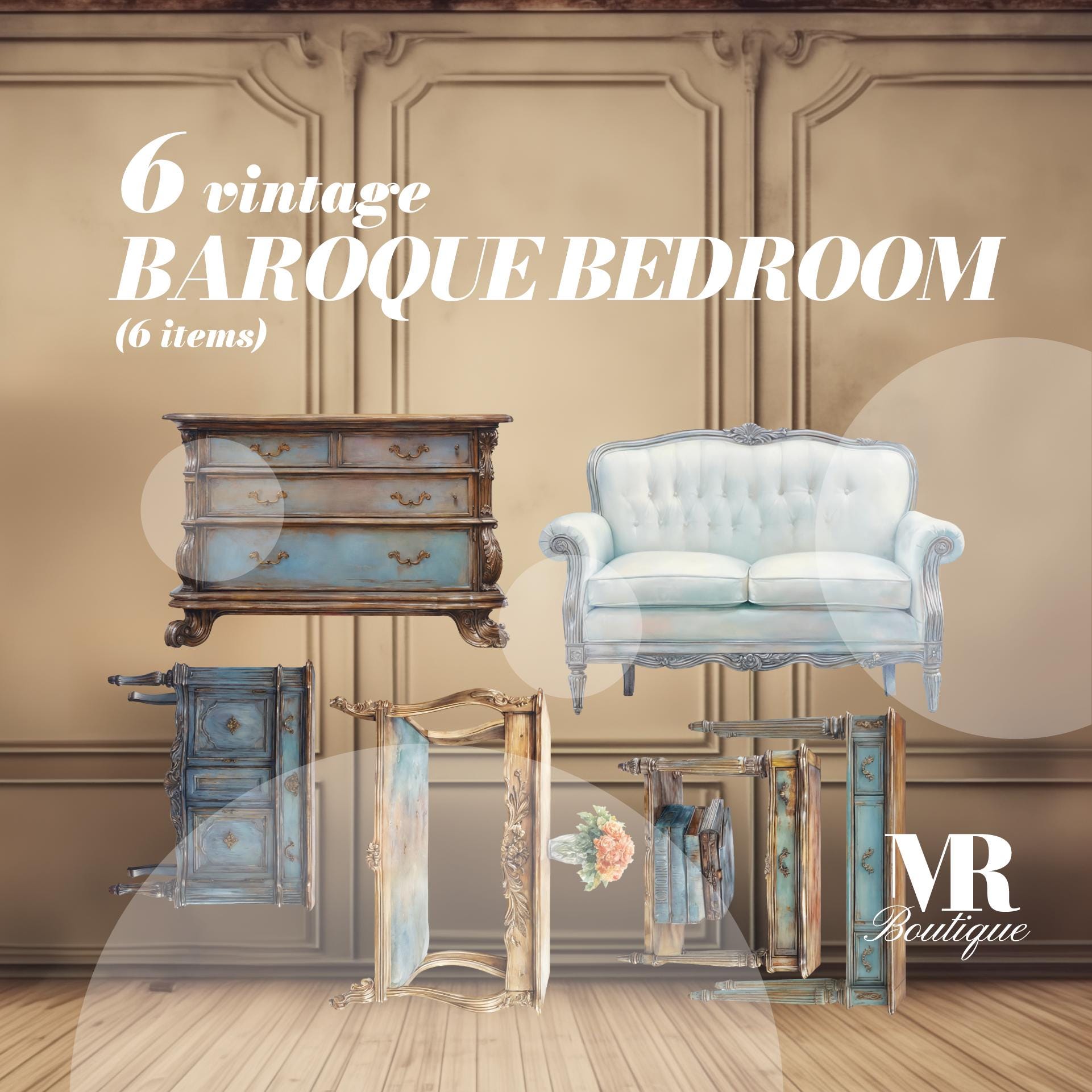 Baroque Bedroom Furniture DIY Kit - Vintage 6-Piece Set, Perfect for Dollhouse Collectors and Miniature Enthusiasts