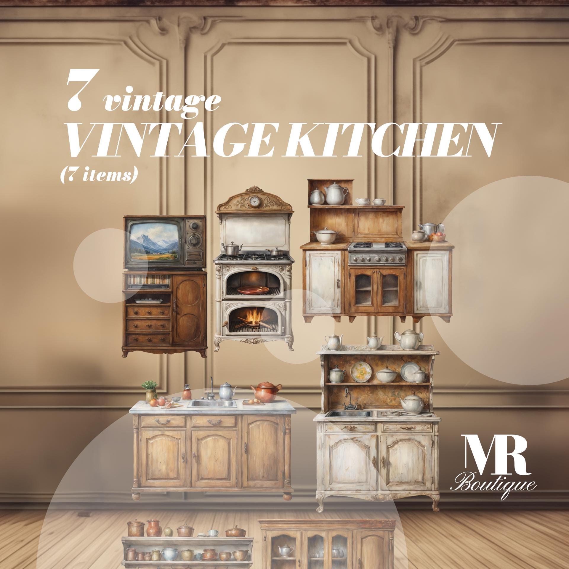 Vintage Kitchen Furniture Set DIY Kit - 7 Miniature Items, Perfect for Dollhouses & Scrapbooking