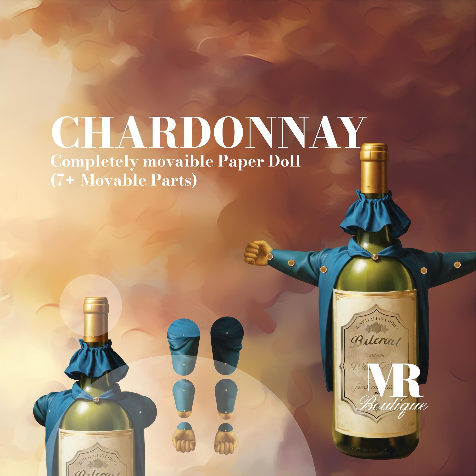 Chardonnay Movable Paper Doll DIY Kit - SOULFUL DRINKS Collection, Perfect Unique Gift for Wine Lovers and Collectors