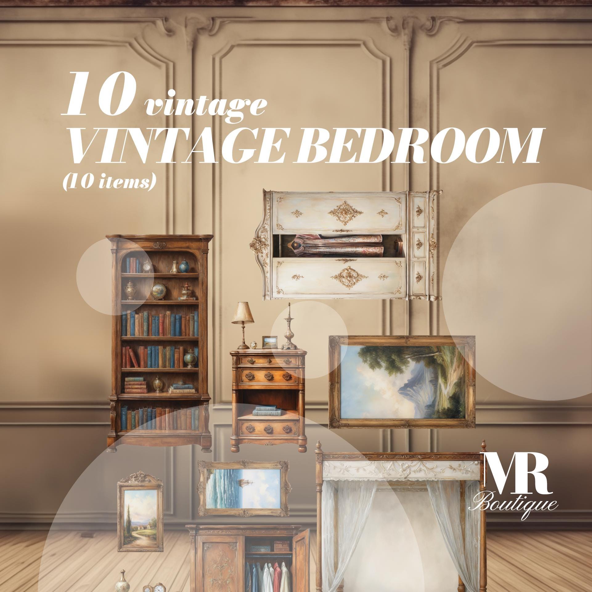 Vintage Bedroom Furniture Set DIY Kit - 10 Miniature Items, Perfect for Dollhouses & Scrapbooking