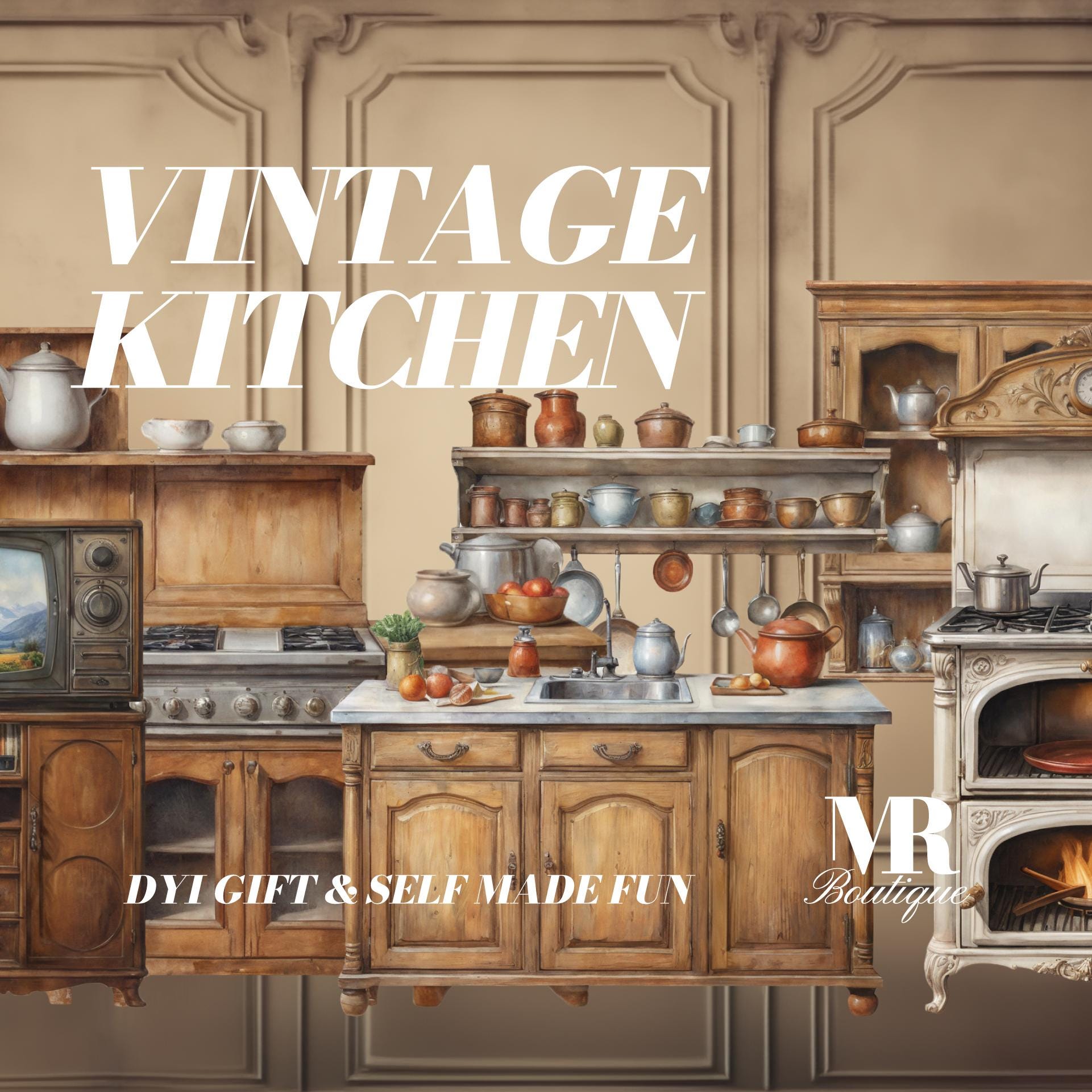 Vintage Kitchen Furniture Set DIY Kit - 7 Miniature Items, Perfect for Dollhouses & Scrapbooking