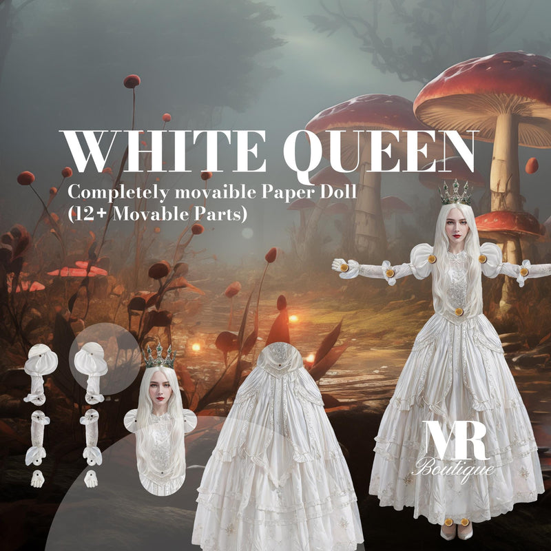 White Queen Movable Paper Doll DIY Kit - Alice in Whimsyland Collection, Elegant and Magical Gift for Collectors