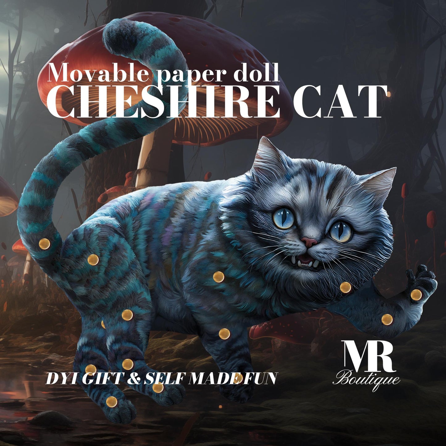 Cheshire Cat Movable Paper Doll DIY Kit - ALICE in WHIMSYLAND Collection, Perfect Unique Gift for Fantasy Lovers and Collectors