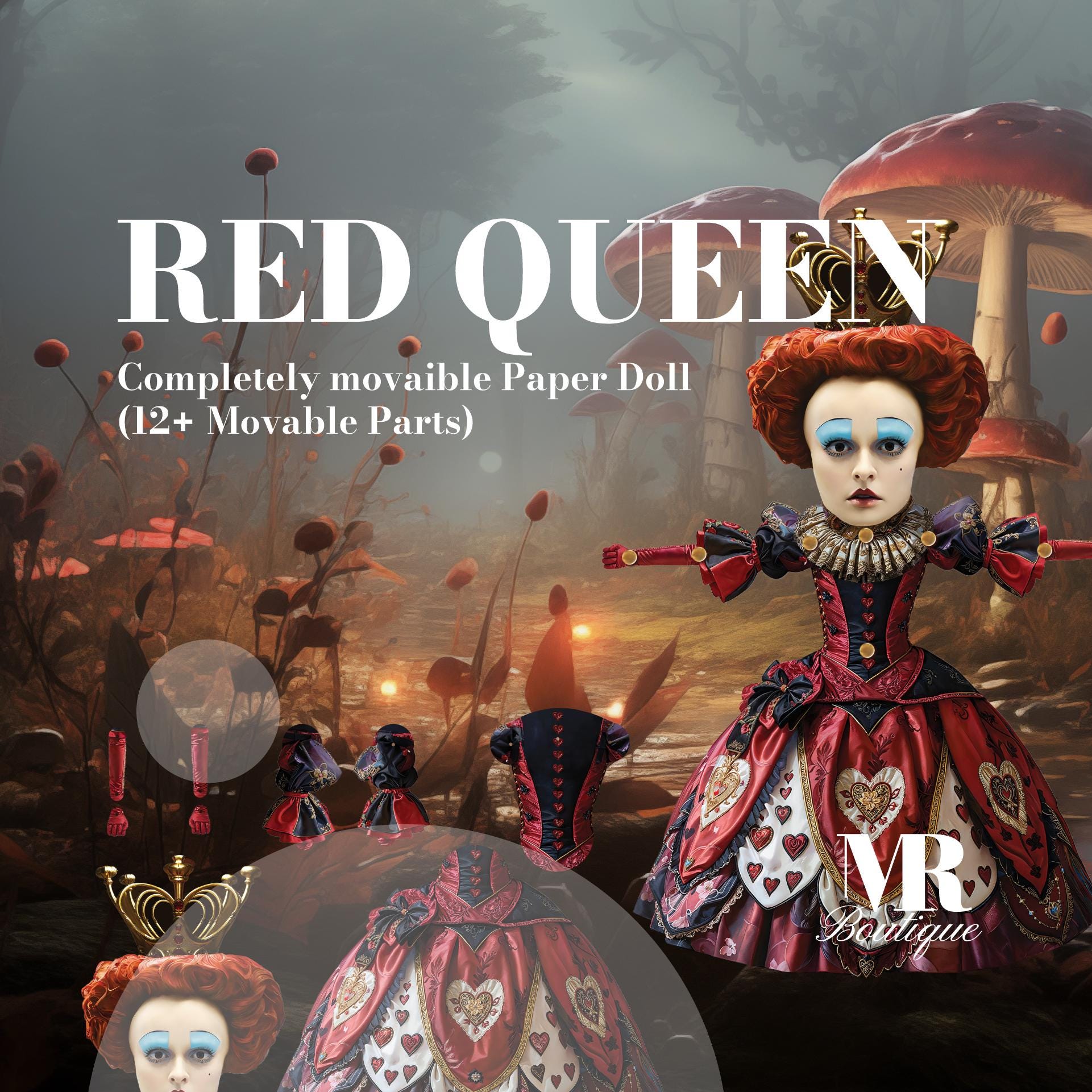 Red Queen Movable Paper Doll DIY Kit - ALICE in WHIMSYLAND Collection, Perfect Unique Gift for Fantasy Lovers and Collectors