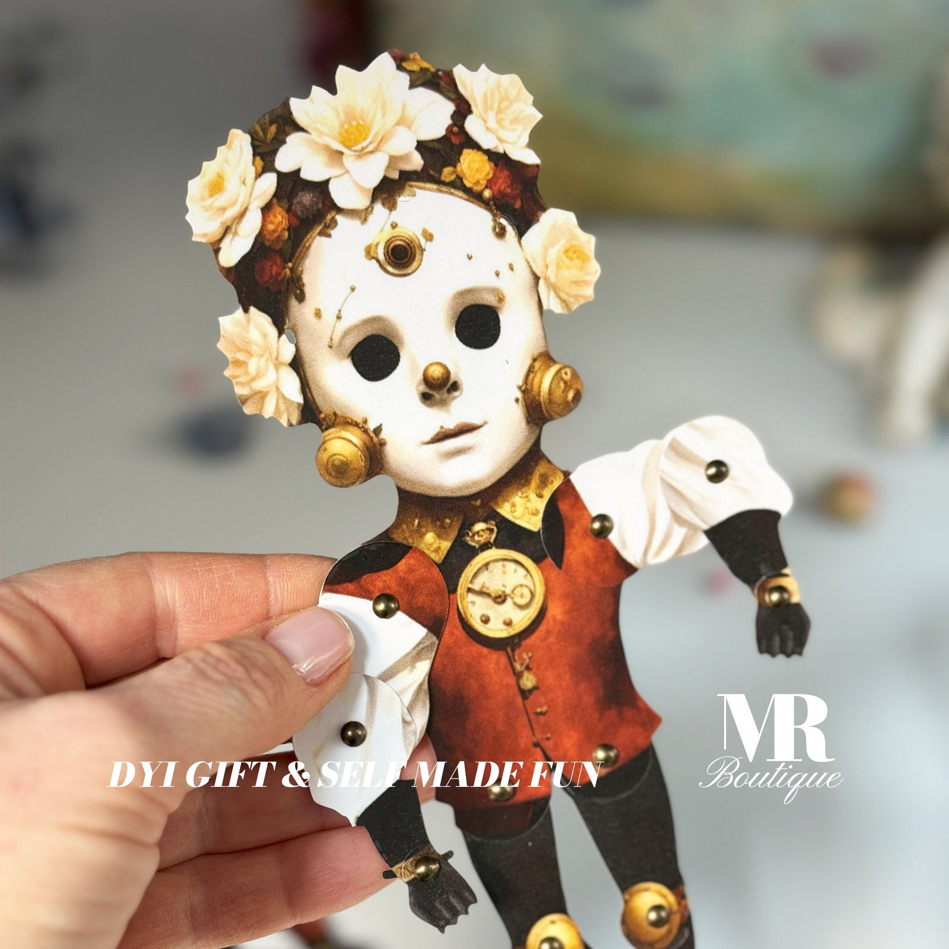 Steampunk Movable Paper Doll, MANDY - Articulated Vintage Toy with Floral Crown, Collectible Victorian Decor Movable Vintage Paper Doll