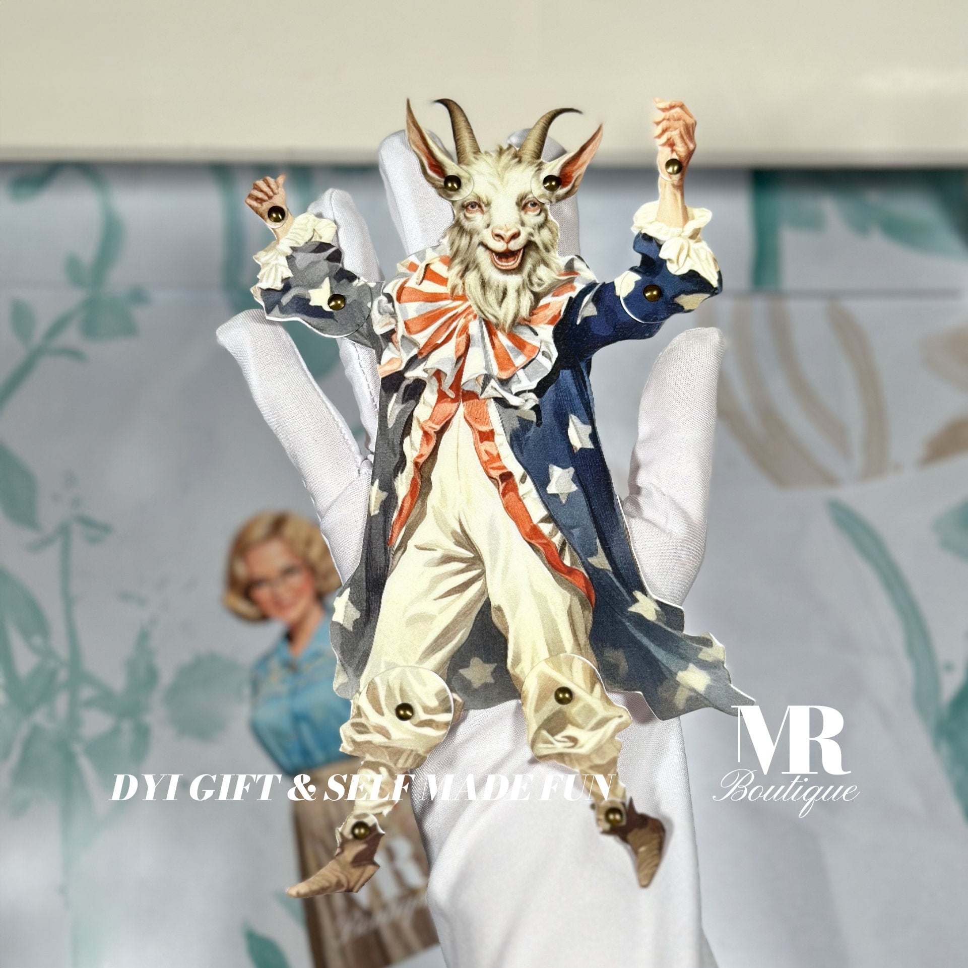 ROCKY Festive Goat Movable Paper Doll • Patriotic Craft Movable Americana Toy, Independence Day DIY Craft Kit, Decor DIY Paper Vintage doll