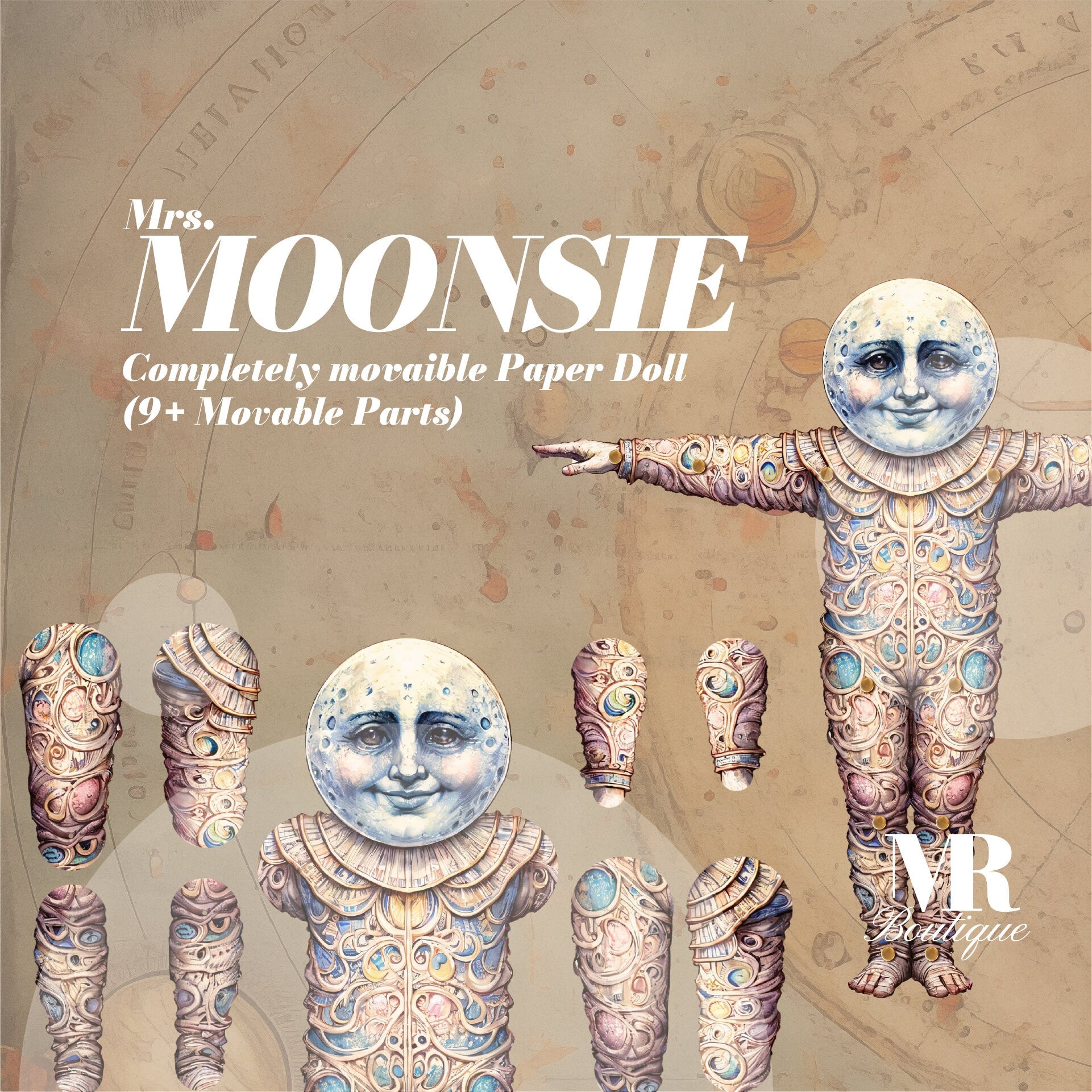 Celestial Steampunk Vision - Mrs Moonsie Articulated Paper Doll Movable Vintage Paper Doll • Cute Creature Doll Retro Style Vintage doll