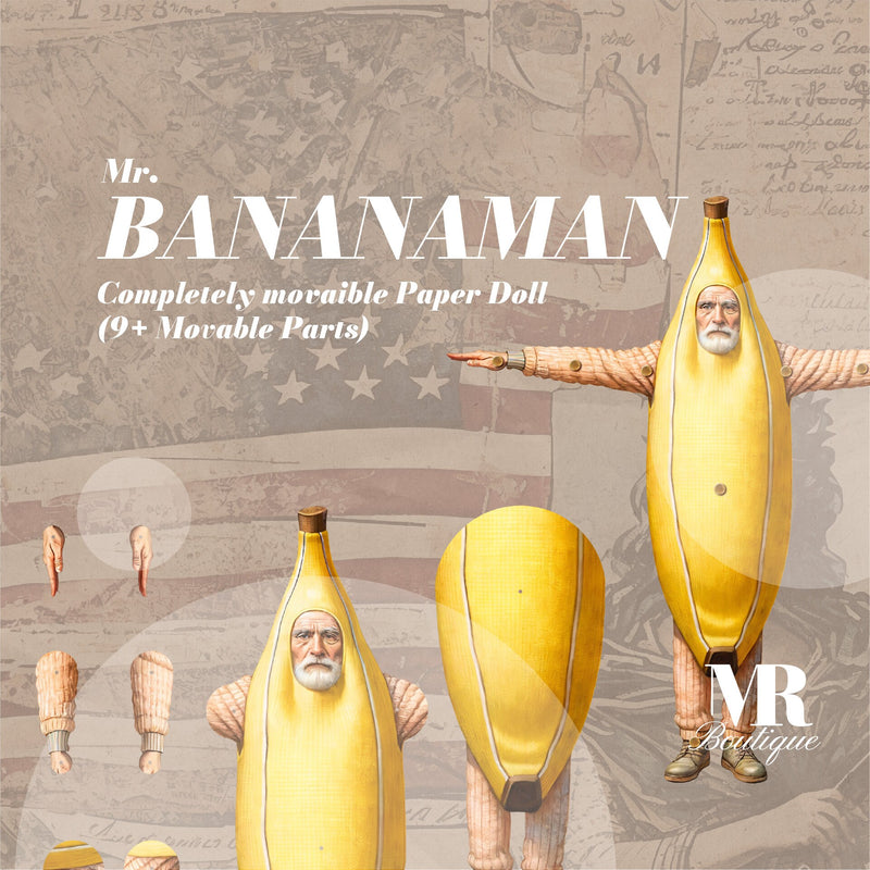 Bananaman - Articulated Banana Costume Paper Doll • Cute Creature Doll Articulated Paper Doll Movable Vintage Paper Doll Party Retro Style