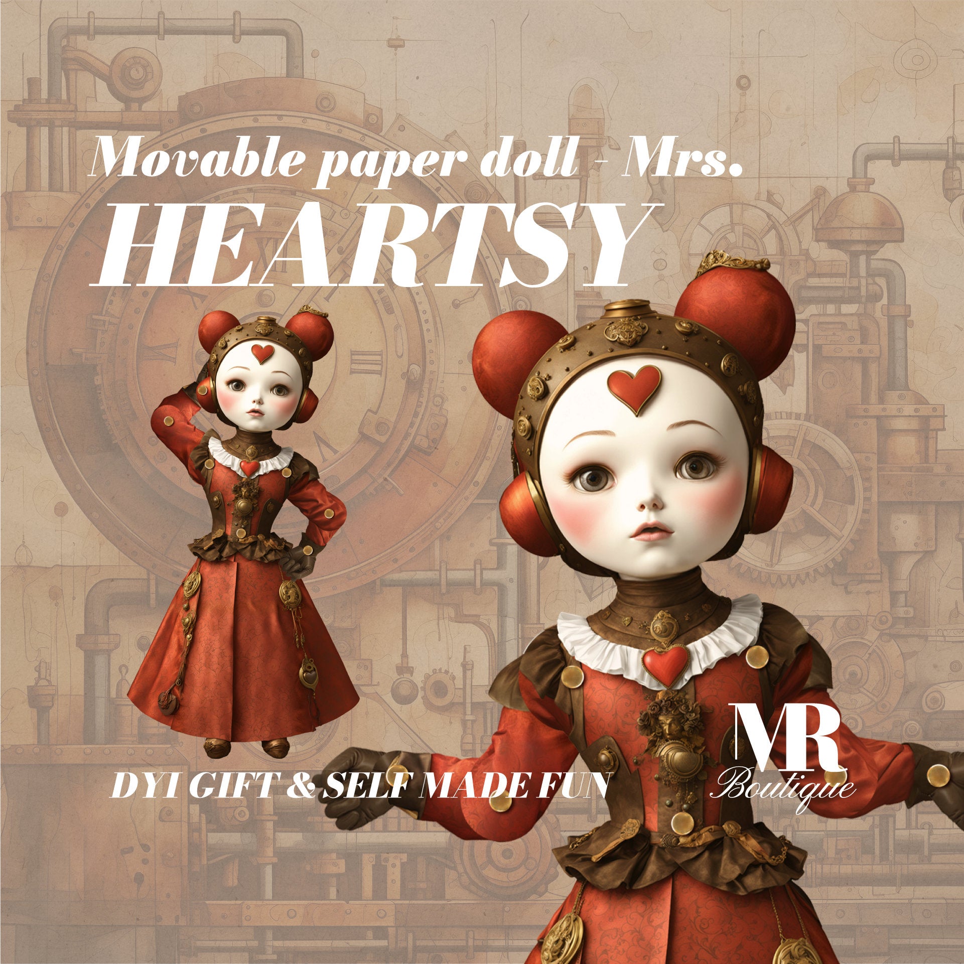 Mrs. Heartsy • The Enchanting Steampunk Paper Doll Printable Kit with Movable Parts for Creative Crafting Movable Vintage Paper Doll