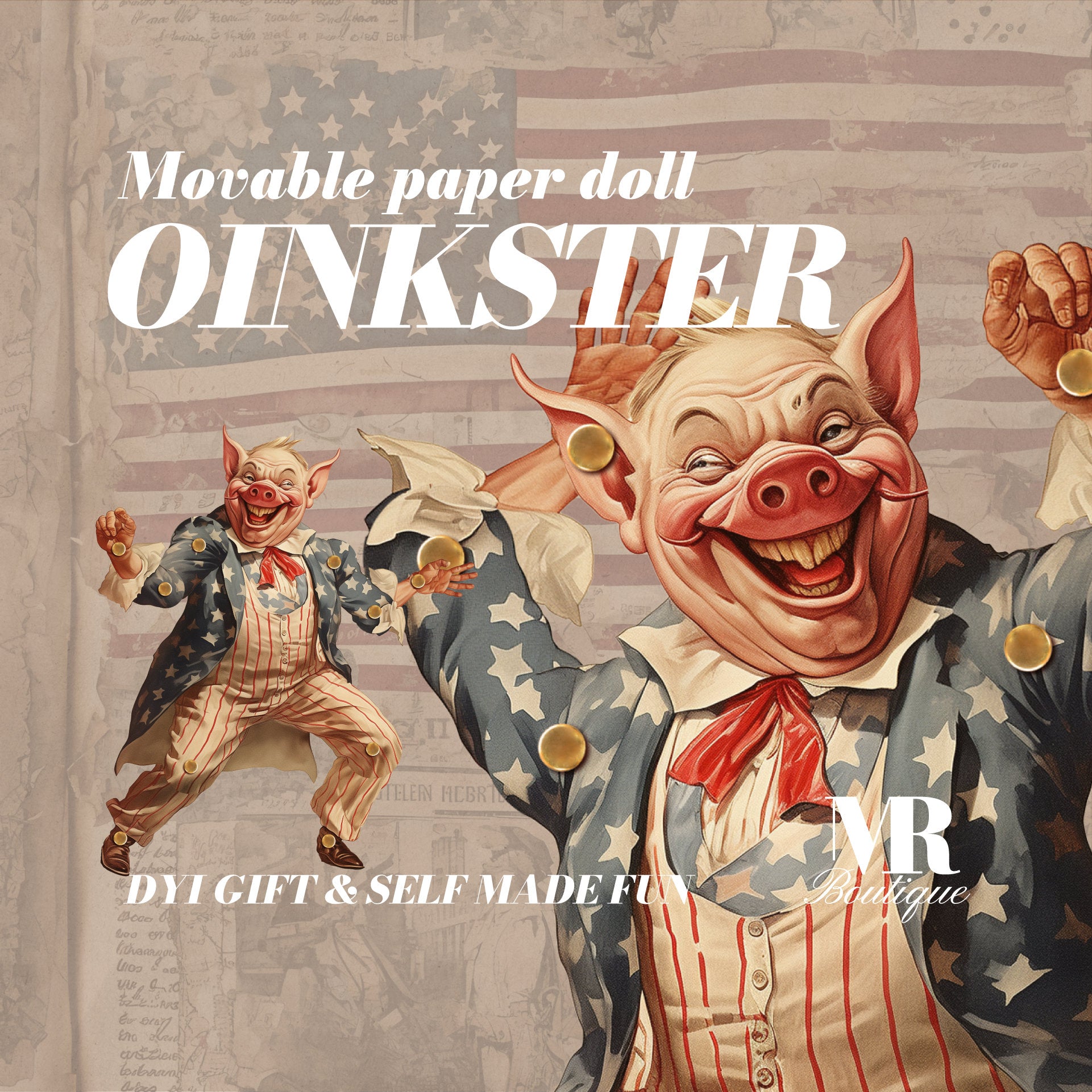 OINKSTER Patriotic Pig Movable Paper Doll • Independence Day and not only... DIY Craft Kit, Americana Decor DIY Paper dolls Vintage doll