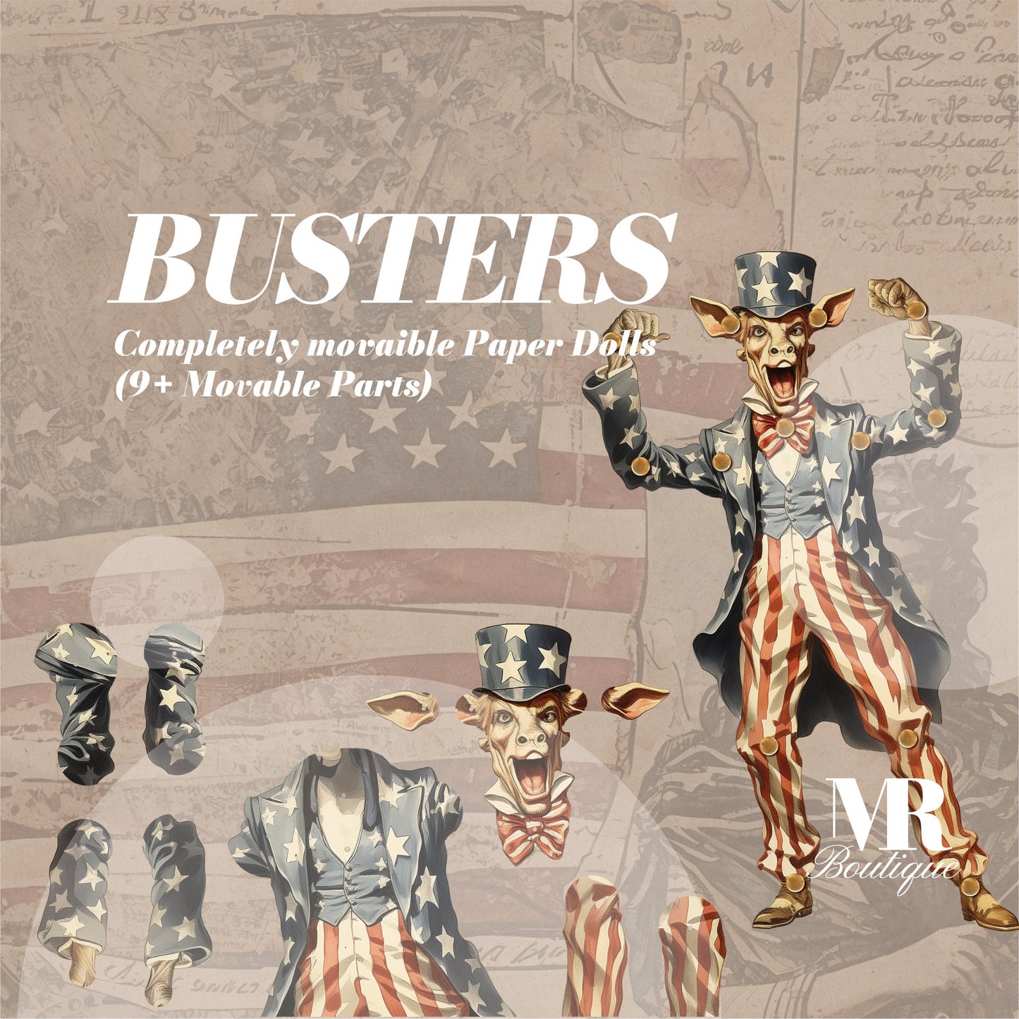 USA BUSTERS Movable Vintage Paper Doll Party Animals: Printable articulated Dolls Set DIY doll pdf Paper dolls Retro Style Vintage doll