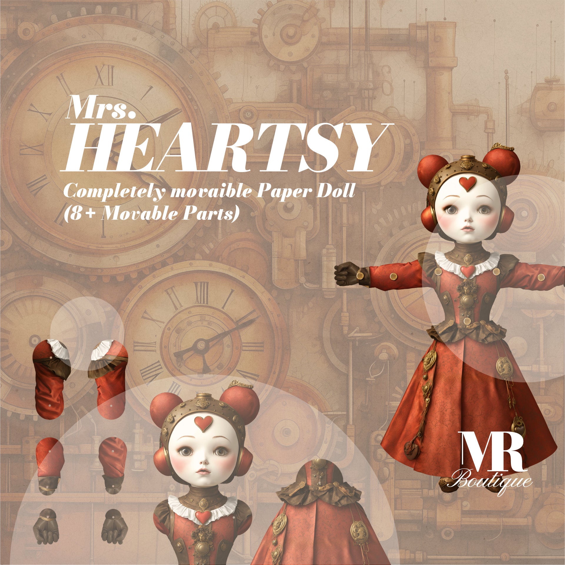 Mrs. Heartsy • The Enchanting Steampunk Paper Doll Printable Kit with Movable Parts for Creative Crafting Movable Vintage Paper Doll