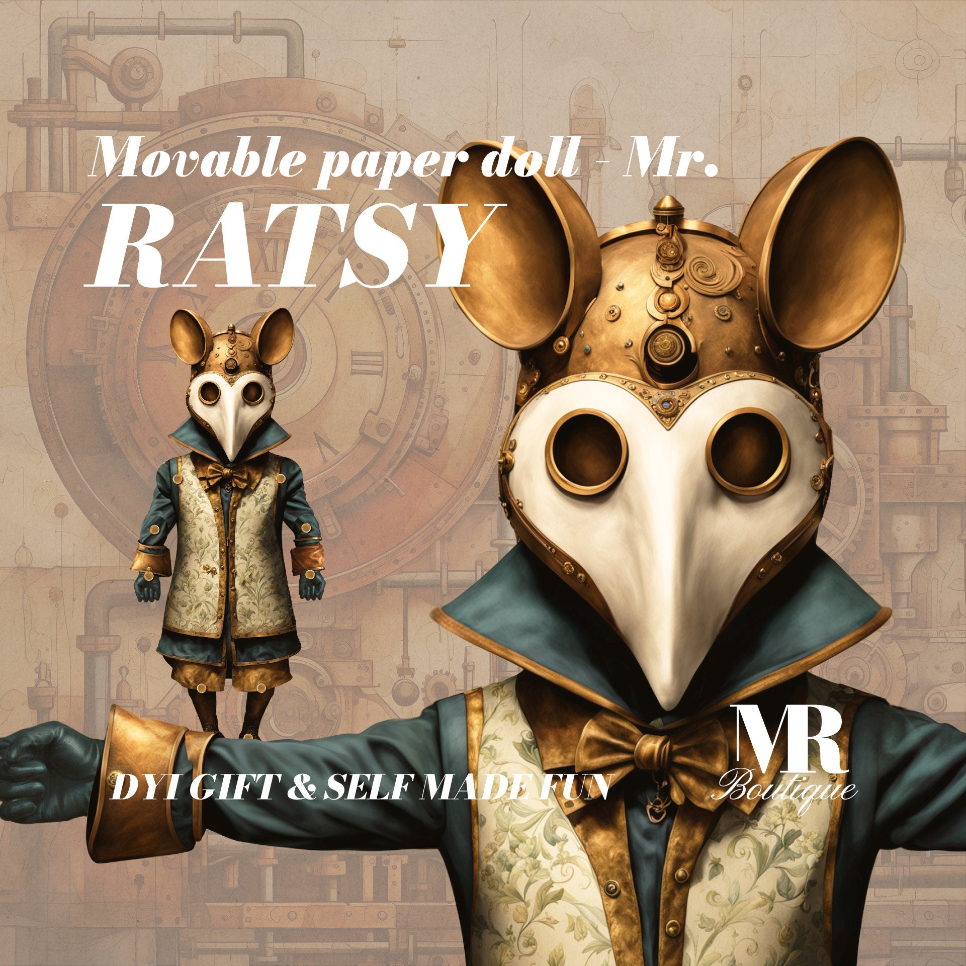 Steampunk Rat Paper Doll, DIY Movable Mr. Ratsy, Crafty Mechanical Rodent, Printable Toy Movable Parts for Crafting and Collectible Fun