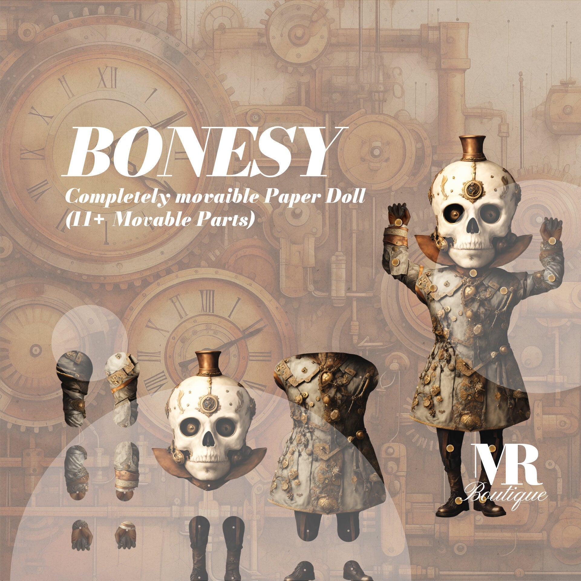 BONESY Steampunk Skeleton Paper Doll • DIY Craft Kit, Articulated Dancing Skeleton • Movable Articulated Doll for Crafting