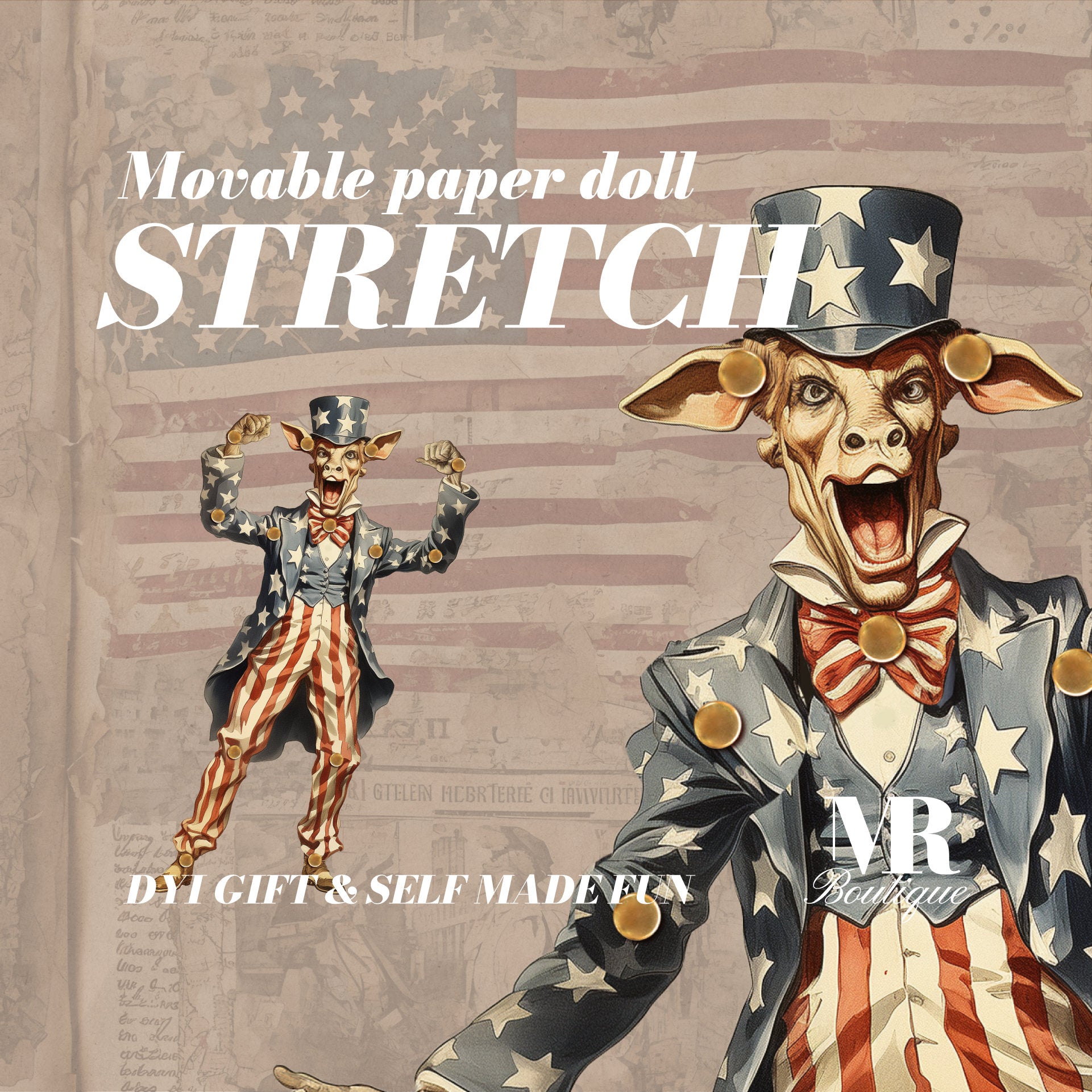 STRETCH Patriotic Goat Paper Doll • Movable Americana Toy, Independence Day and not only... DIY Craft Kit, Decor DIY Paper Vintage doll