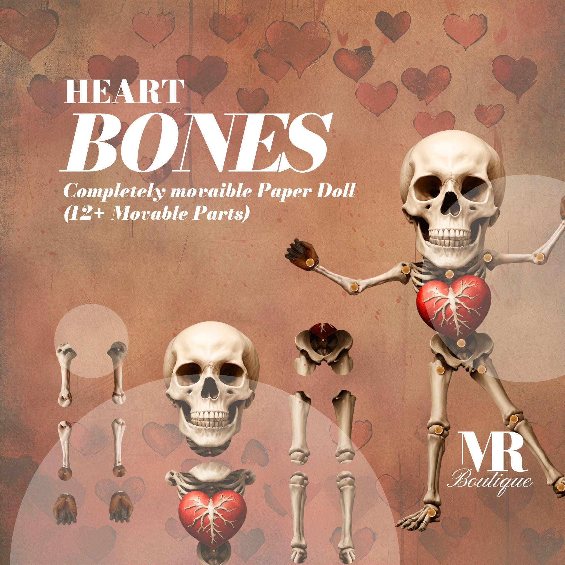 Heart Bones Skeleton Movable Articulated Printable Paper Doll DIY Craft Kit, Unique Home Decor, Scary Hearts Joints, Monster Valentine's Day