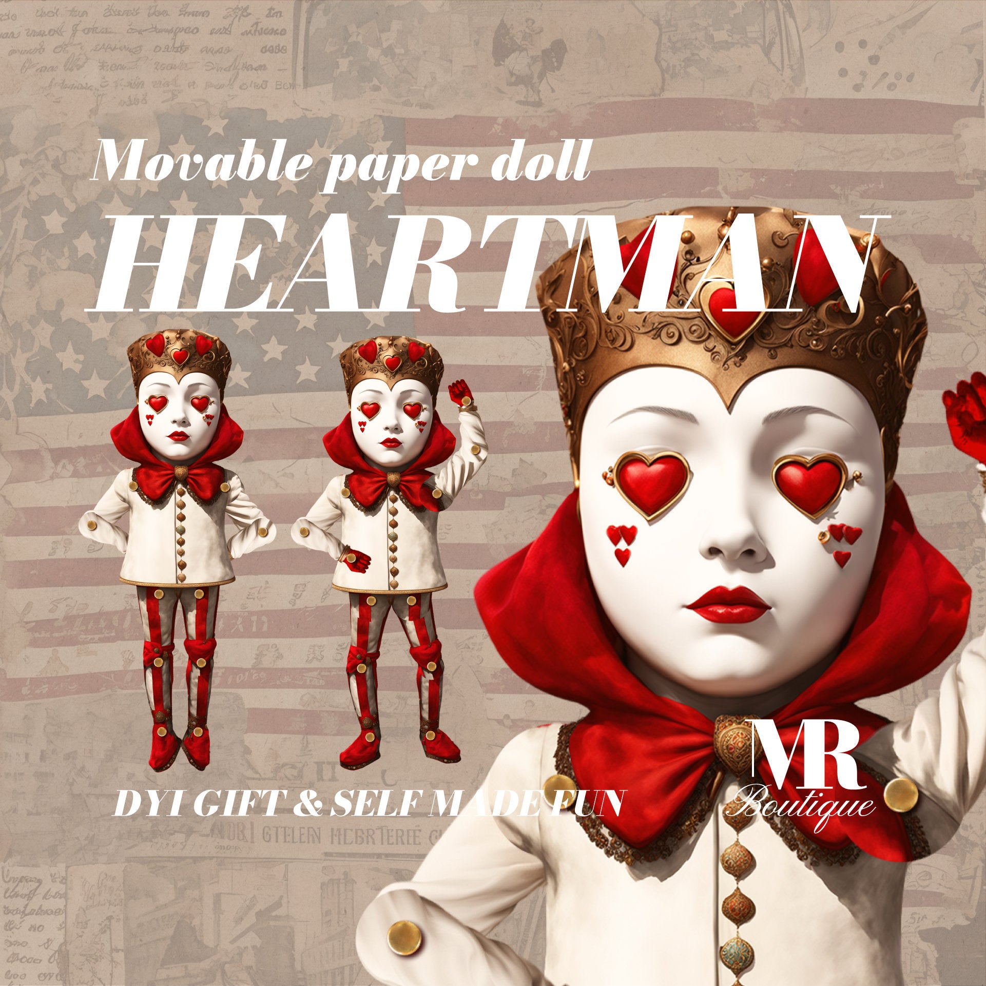 Mr. Heartman Royal Steampunk Valentine Paper Doll Articulated King Figure, DIY Craft Kit Paper dolls Retro Style Vintage doll VDay