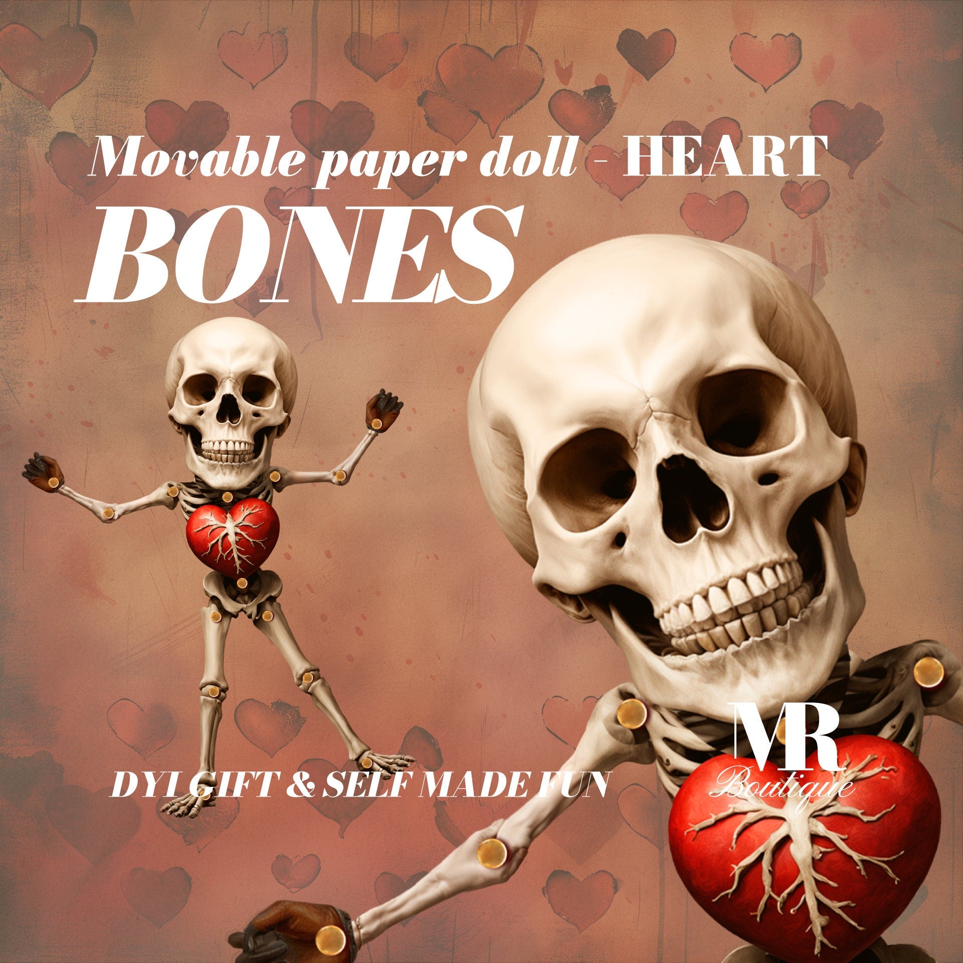 Heart Bones Skeleton Movable Articulated Printable Paper Doll DIY Craft Kit, Unique Home Decor, Scary Hearts Joints, Monster Valentine's Day