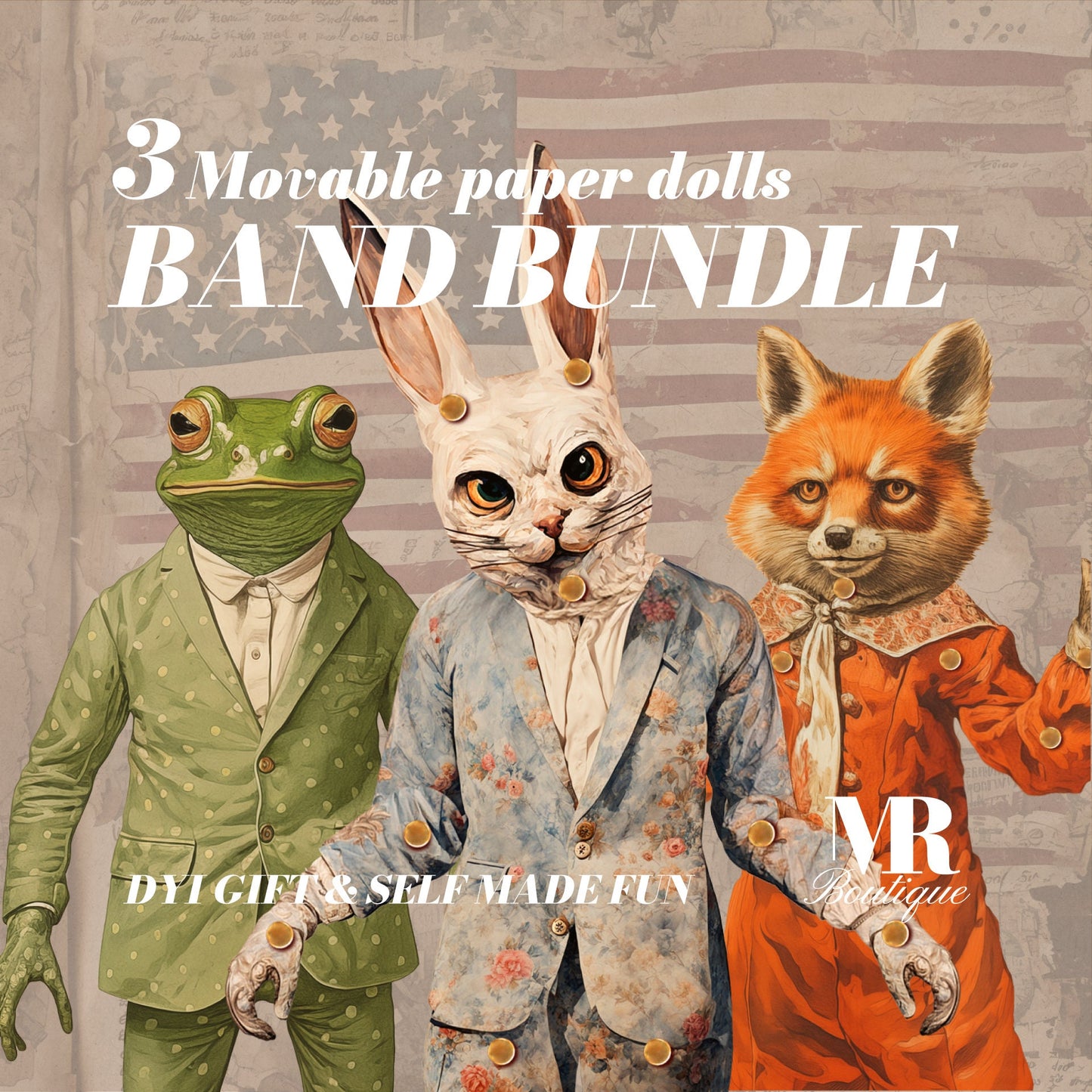 BAND BUNDLE: Enchanted Woodland & Patriotic Party Animals DIY Paper Doll Set - Mr. Froggys, Mr. Rabz, Mr. Foxy Articulated Craft Kits