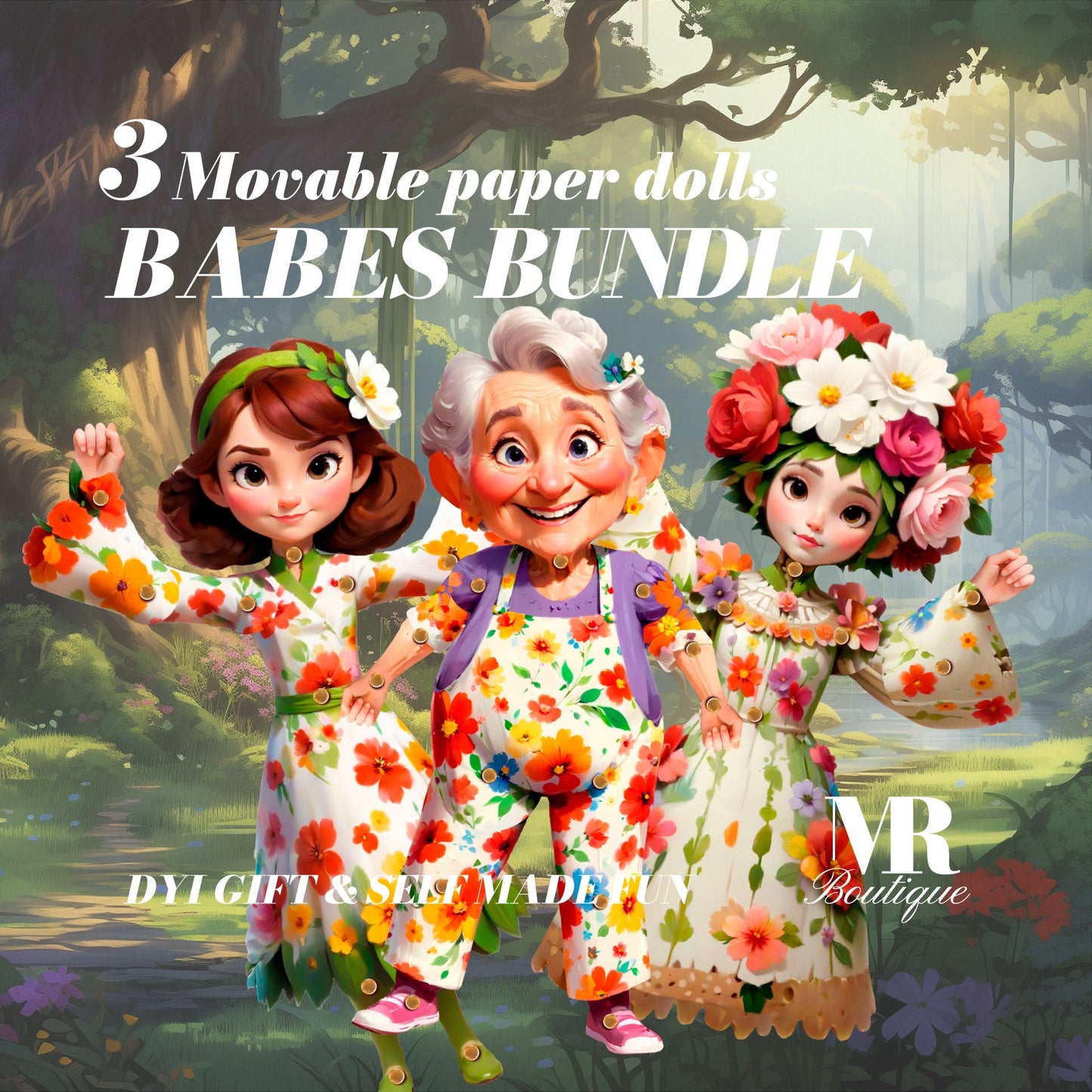 Charming Babes Bundle - 3 Articulated Paper Dolls, Delightful DIY Craft Kit, Floral Dress-Up Craft, Movable Play Figure, Kids Activity