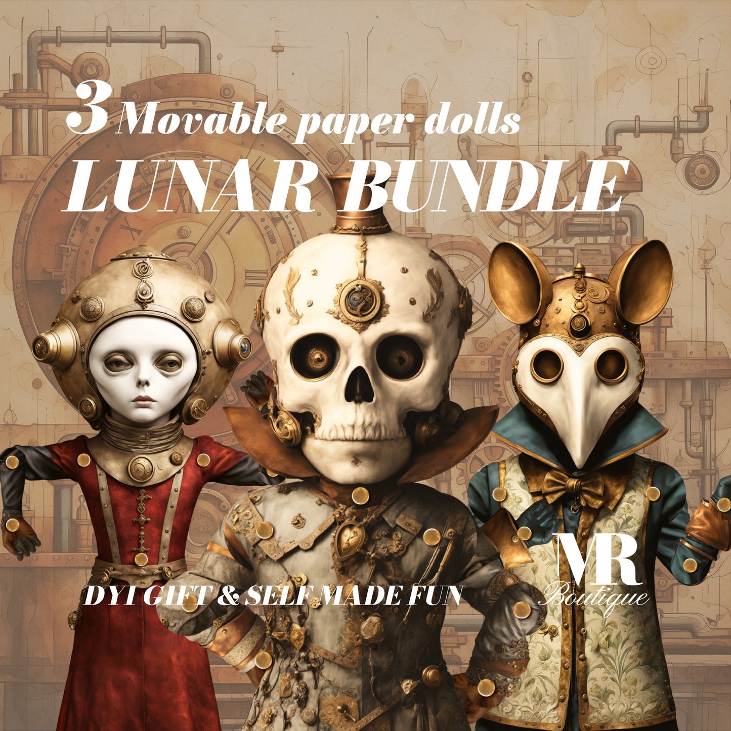 LUNAR BUNDLE: Celestial Steampunk Collection - BONESY, Mr. Martian & Mr. Ratsy Articulated Paper Doll Kits