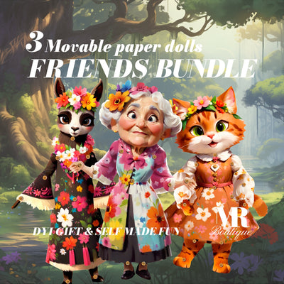 Whimsical Friends Bundle - 3 Movable Paper Dolls, DIY Craft Kit for Fun & Play, Floral Dress-Up Craft, Movable Play Figure, Kids Activity